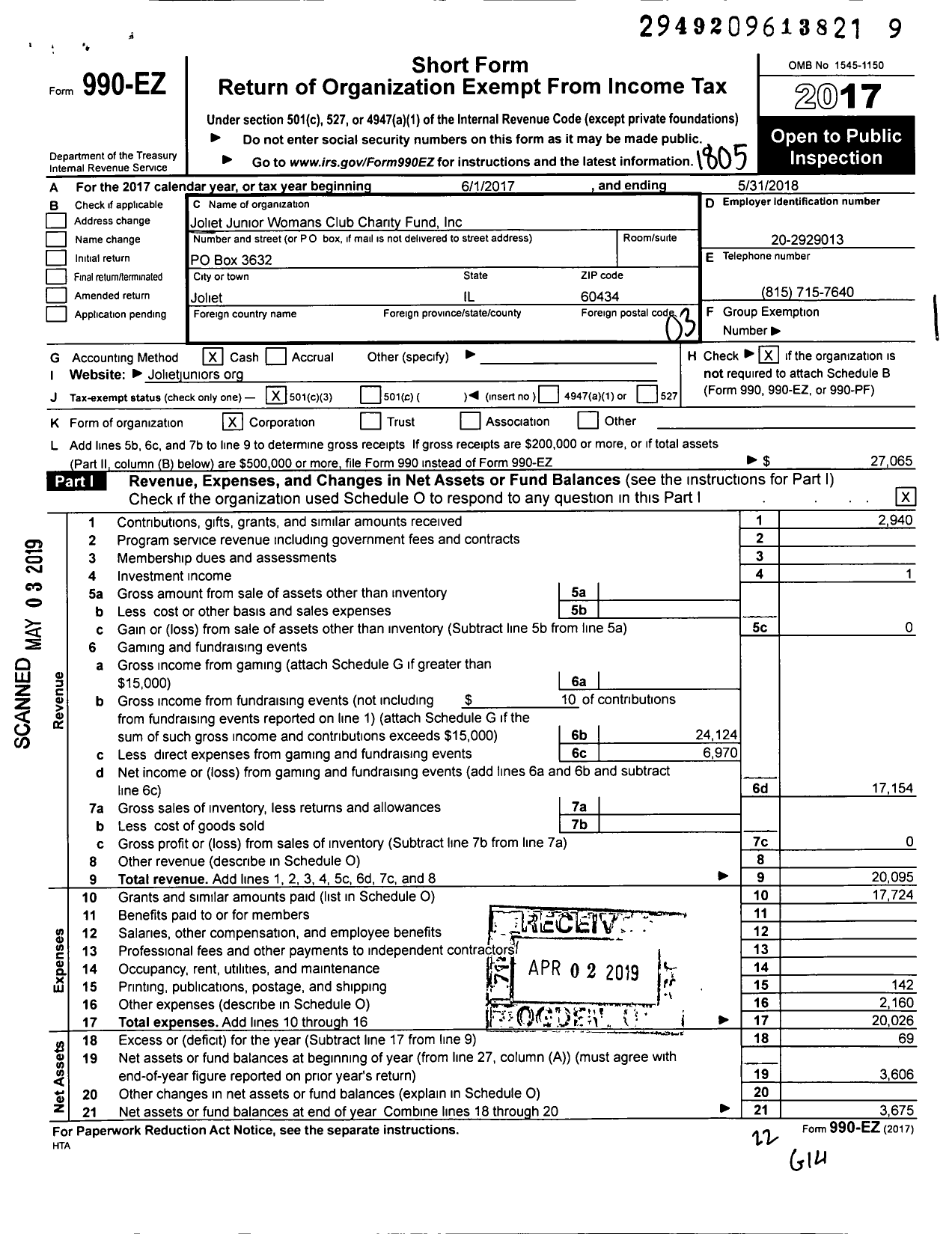 Image of first page of 2017 Form 990EZ for Joliet Junior Womans Club Charity Fund