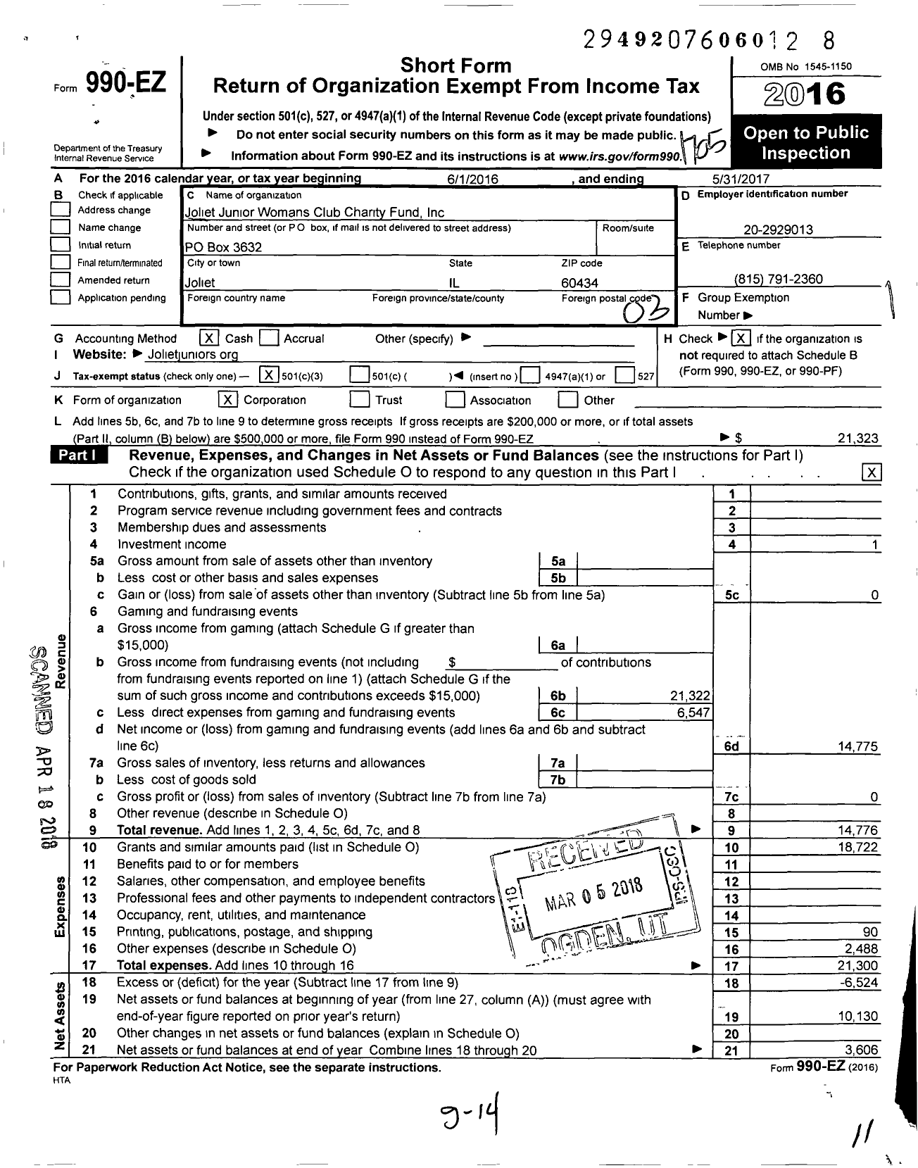 Image of first page of 2016 Form 990EZ for Joliet Junior Womans Club Charity Fund