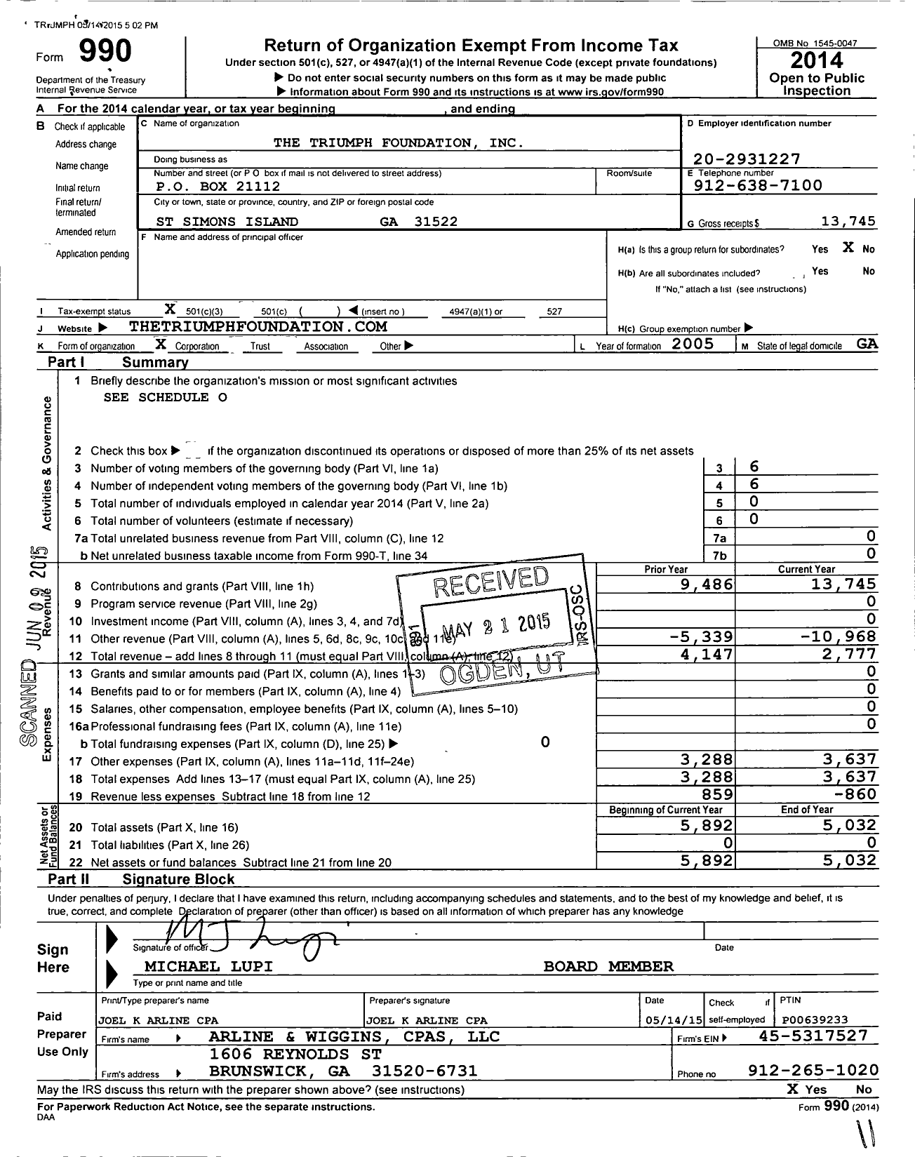 Image of first page of 2014 Form 990 for Triumph Foundation