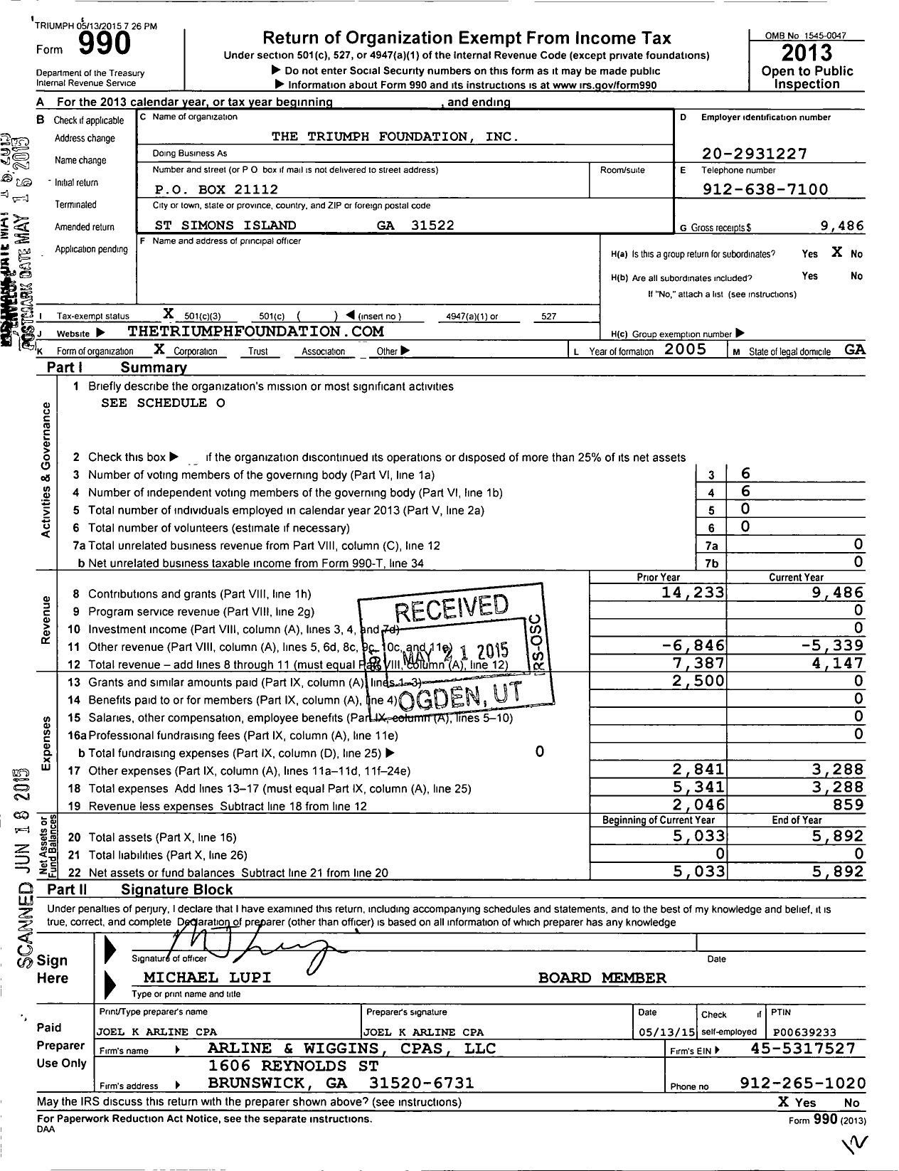 Image of first page of 2013 Form 990 for Triumph Foundation