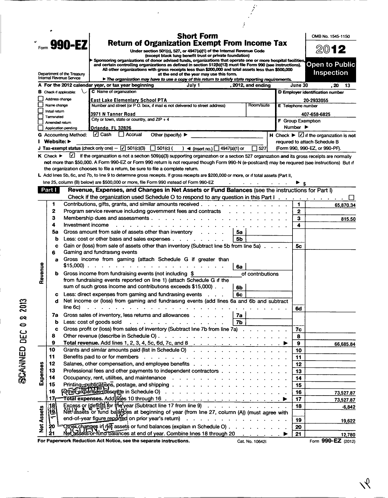 Image of first page of 2012 Form 990EZ for PTA Florida Congress - East Lake Elementary School PTA