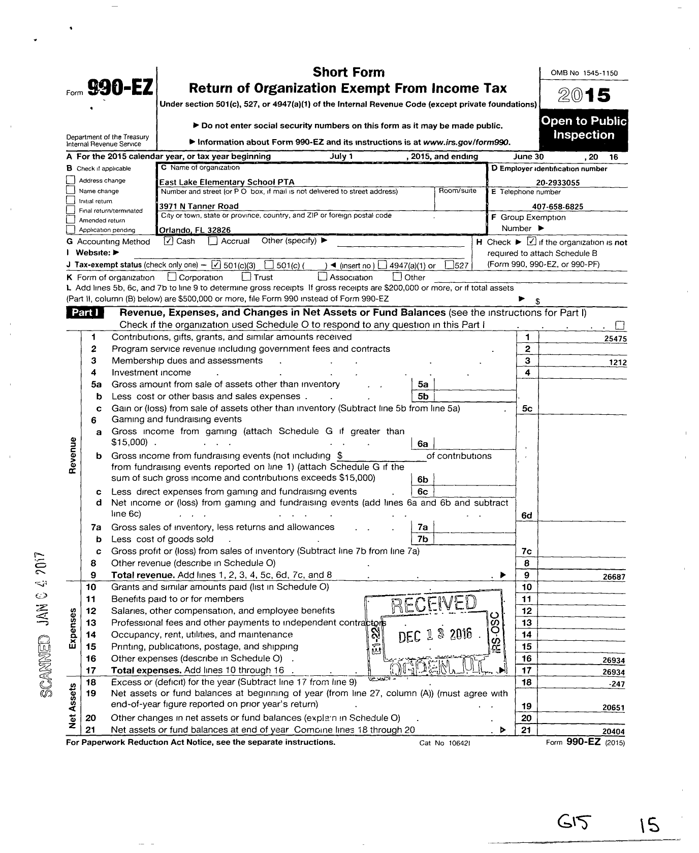 Image of first page of 2015 Form 990EZ for PTA Florida Congress - East Lake Elementary School PTA