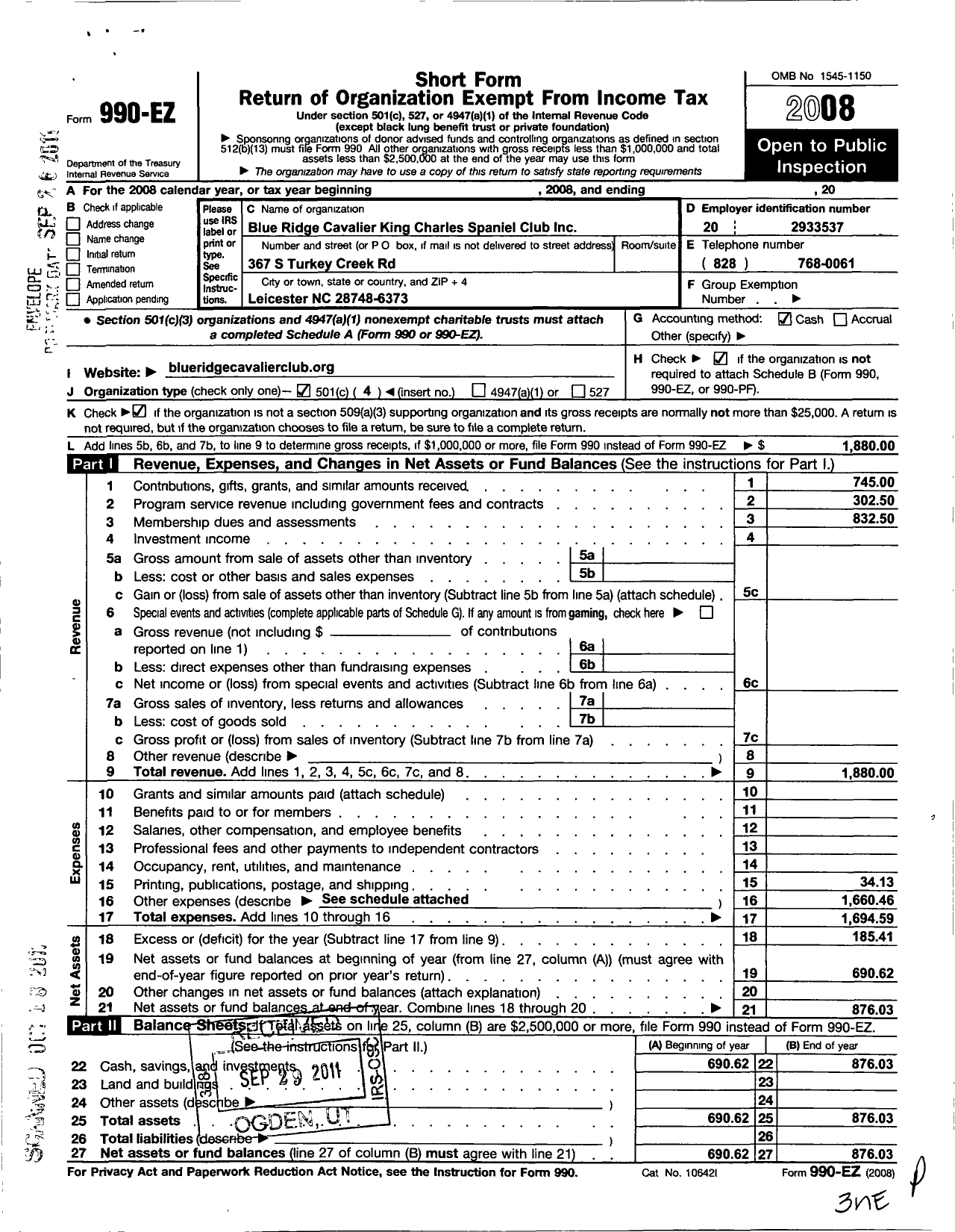 Image of first page of 2008 Form 990EO for Blue Ridge Cavalier King Charles