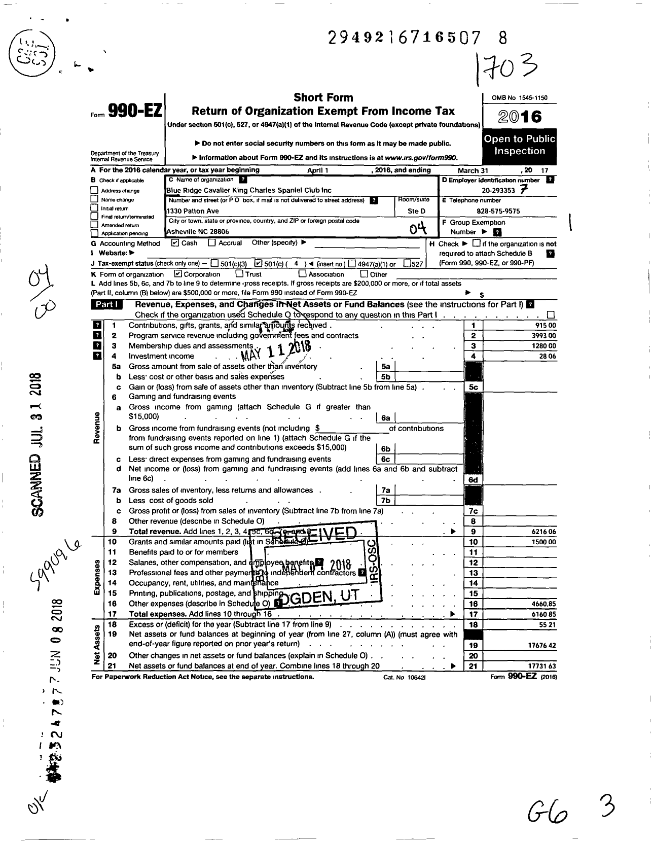 Image of first page of 2016 Form 990EO for Blue Ridge Cavalier King Charles