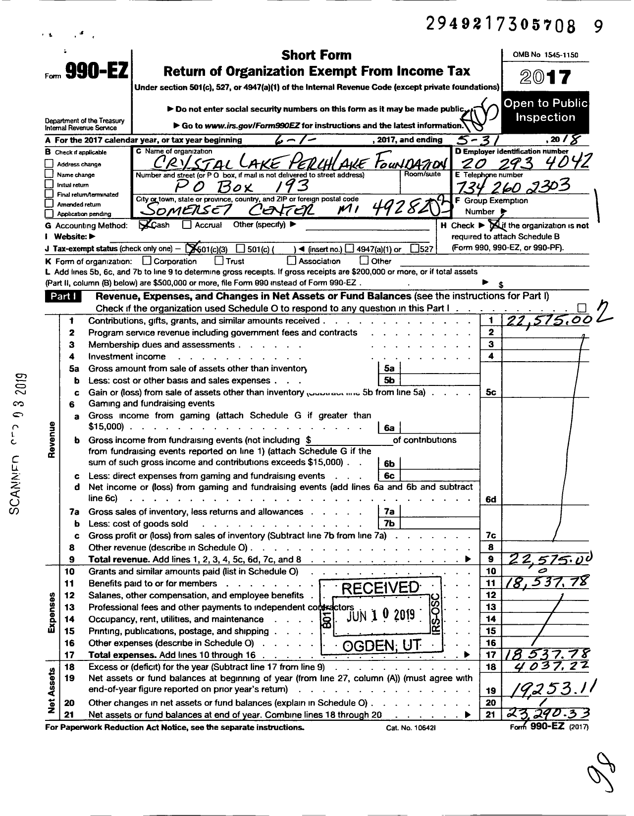 Image of first page of 2017 Form 990EZ for Crystal Lake Perch Lake Foundation