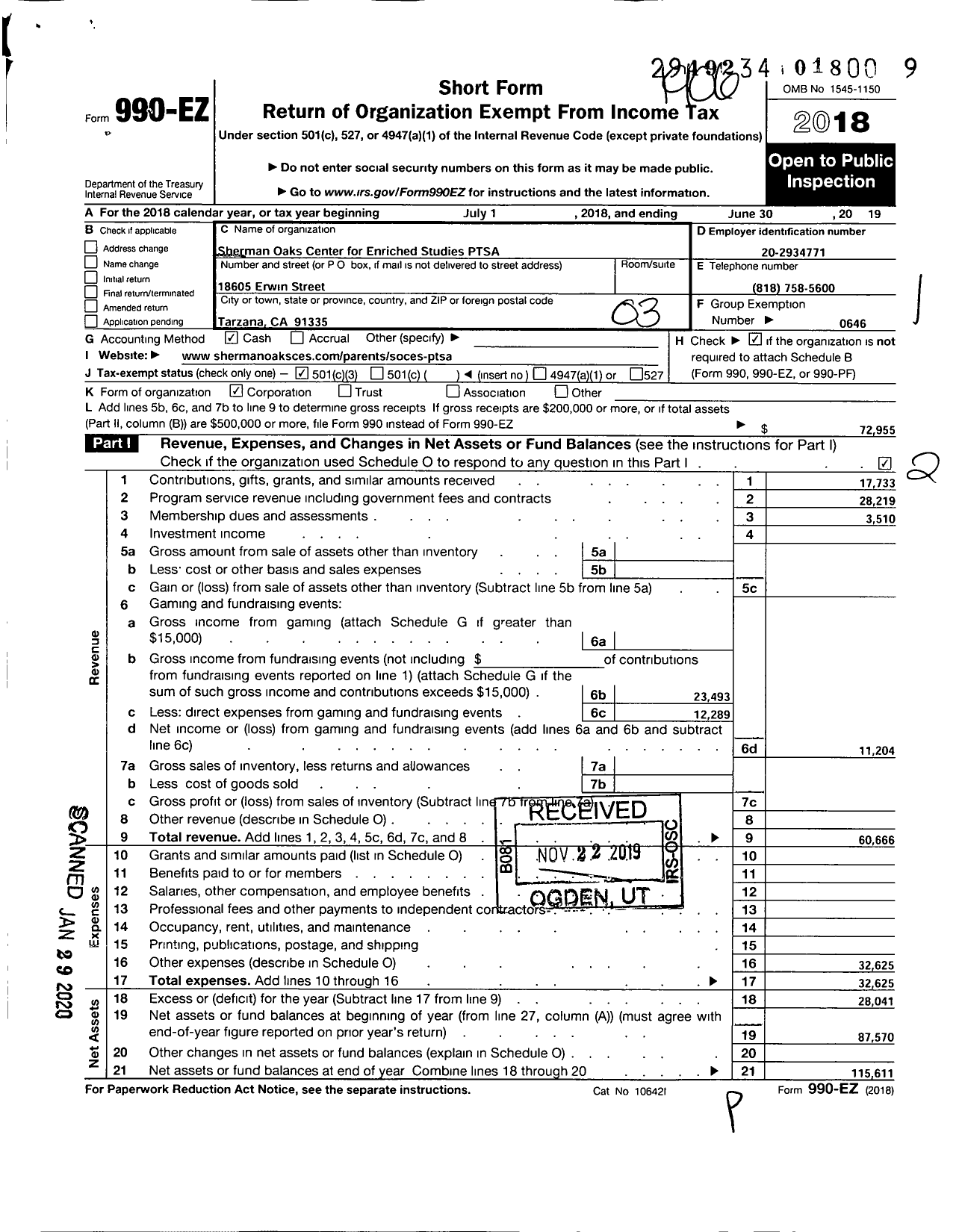 Image of first page of 2018 Form 990EZ for California State PTA - Sheman Oaks CNTR for Enriched Studi