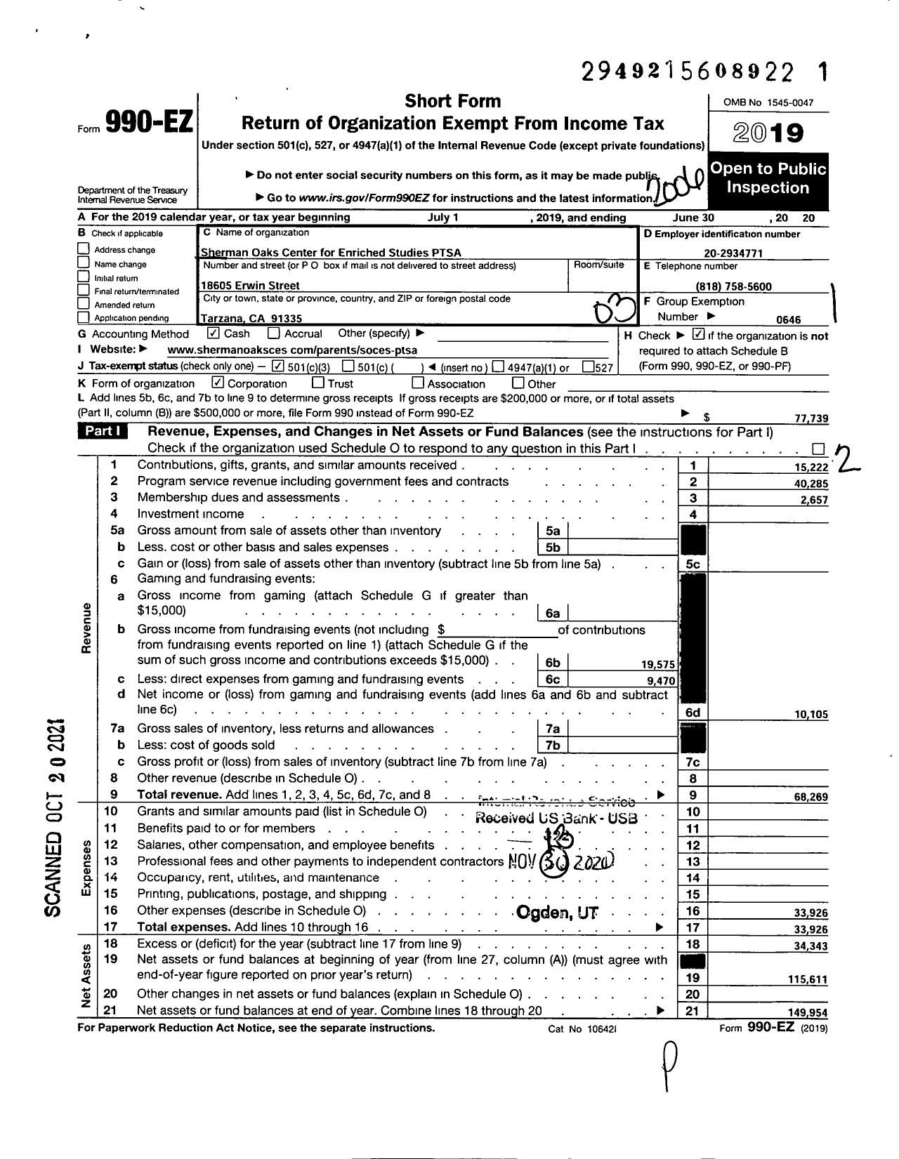 Image of first page of 2019 Form 990EZ for California State PTA - Sheman Oaks CNTR for Enriched Studi