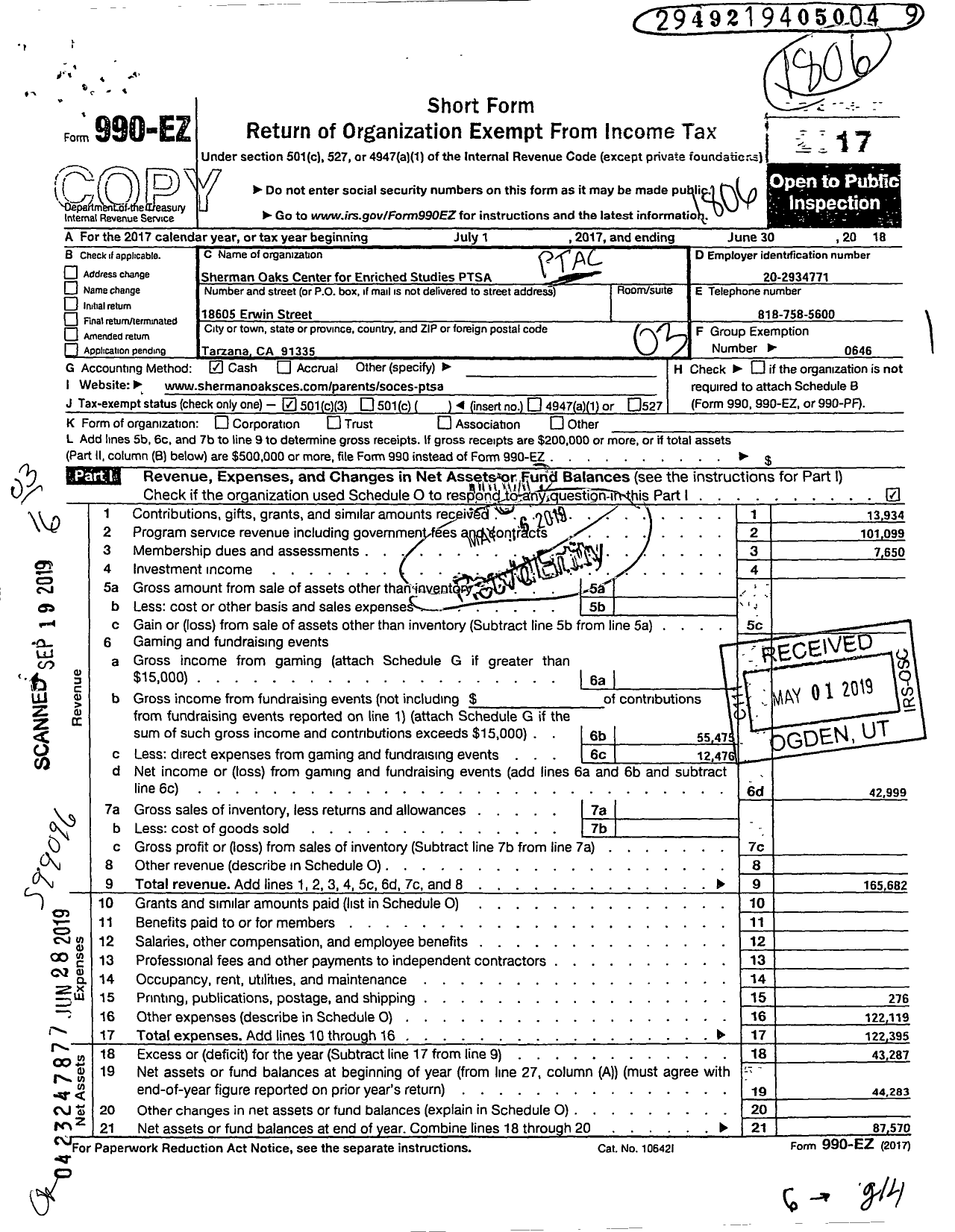 Image of first page of 2017 Form 990EZ for California State PTA - Sheman Oaks CNTR for Enriched Studi