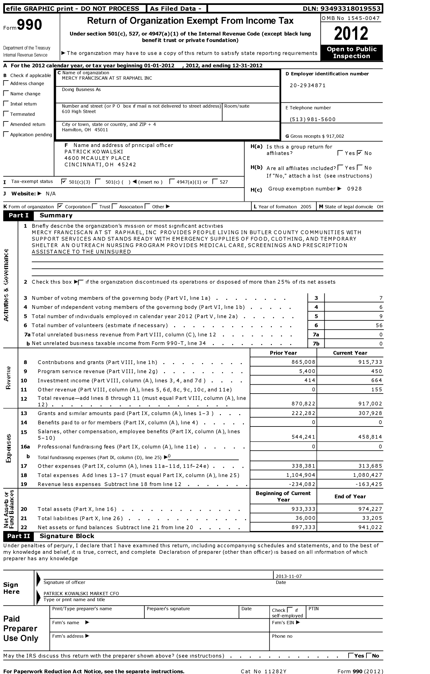 Image of first page of 2012 Form 990 for Mercy Health St Raphael