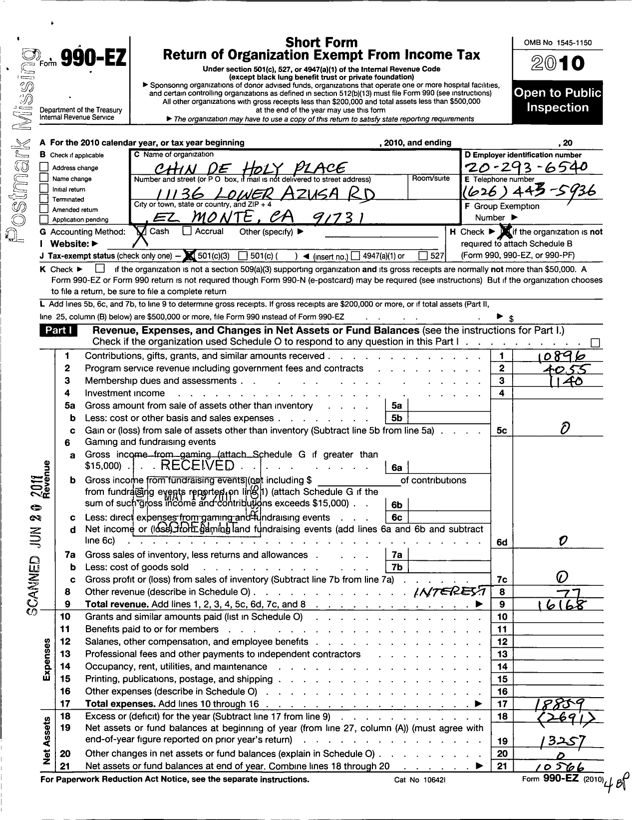 Image of first page of 2010 Form 990EZ for Chin de Holy Place