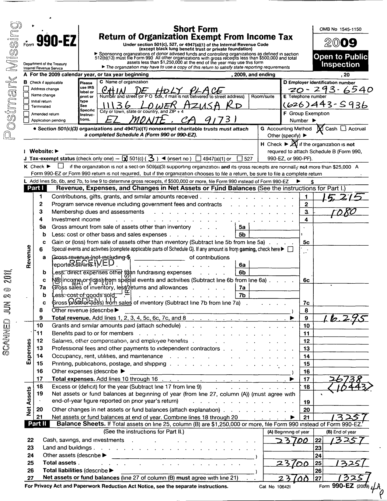 Image of first page of 2009 Form 990EZ for Chin de Holy Place