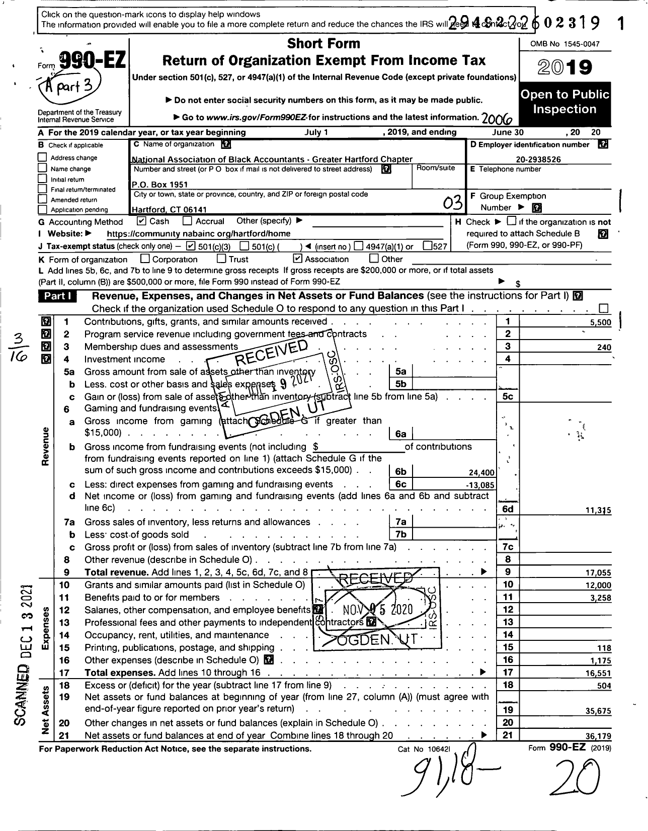 Image of first page of 2019 Form 990EZ for National Association of Black Accountants Greater Hartford Chapter