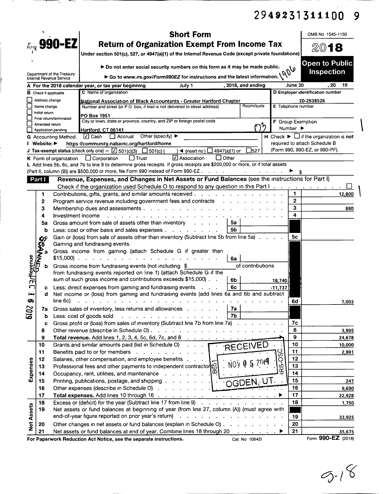 Image of first page of 2018 Form 990EZ for National Association of Black Accountants Greater Hartford Chapter