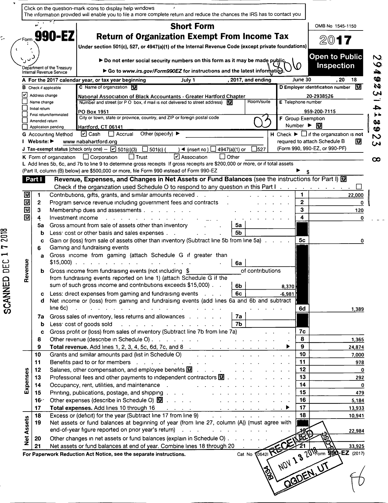 Image of first page of 2017 Form 990EZ for National Association of Black Accountants Greater Hartford Chapter