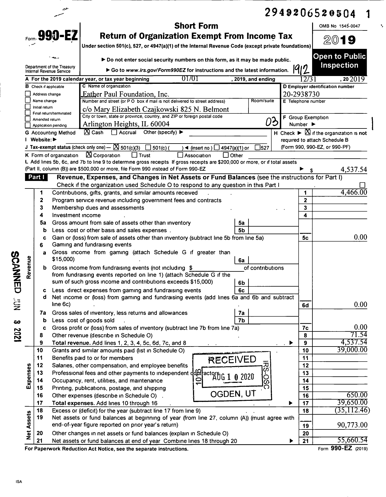 Image of first page of 2019 Form 990EZ for Father Paul Foundation