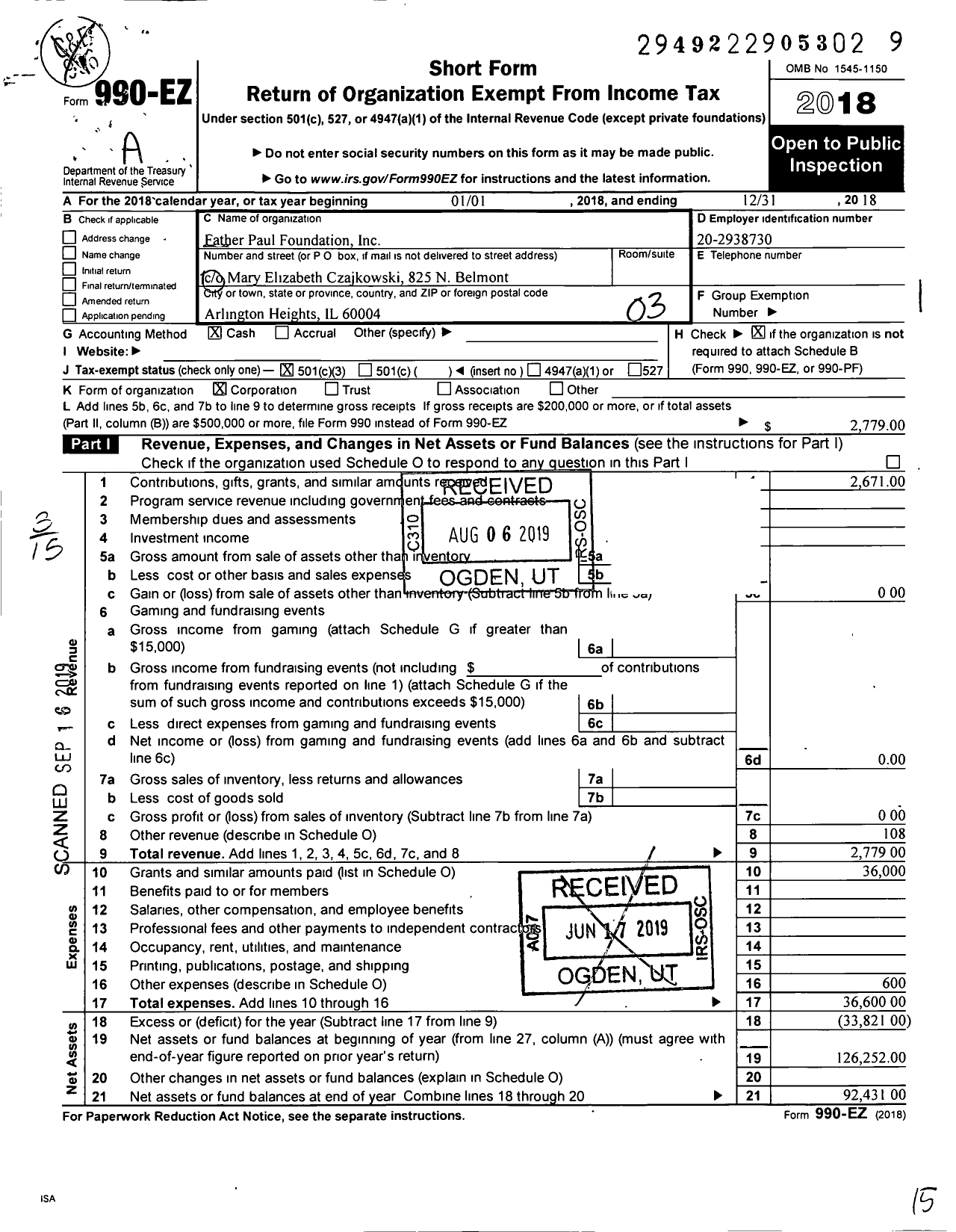 Image of first page of 2018 Form 990EZ for Father Paul Foundation