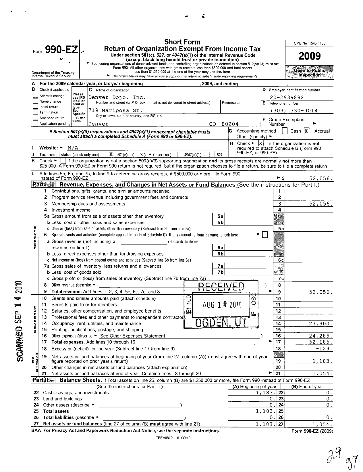 Image of first page of 2009 Form 990EZ for Denver Dojo