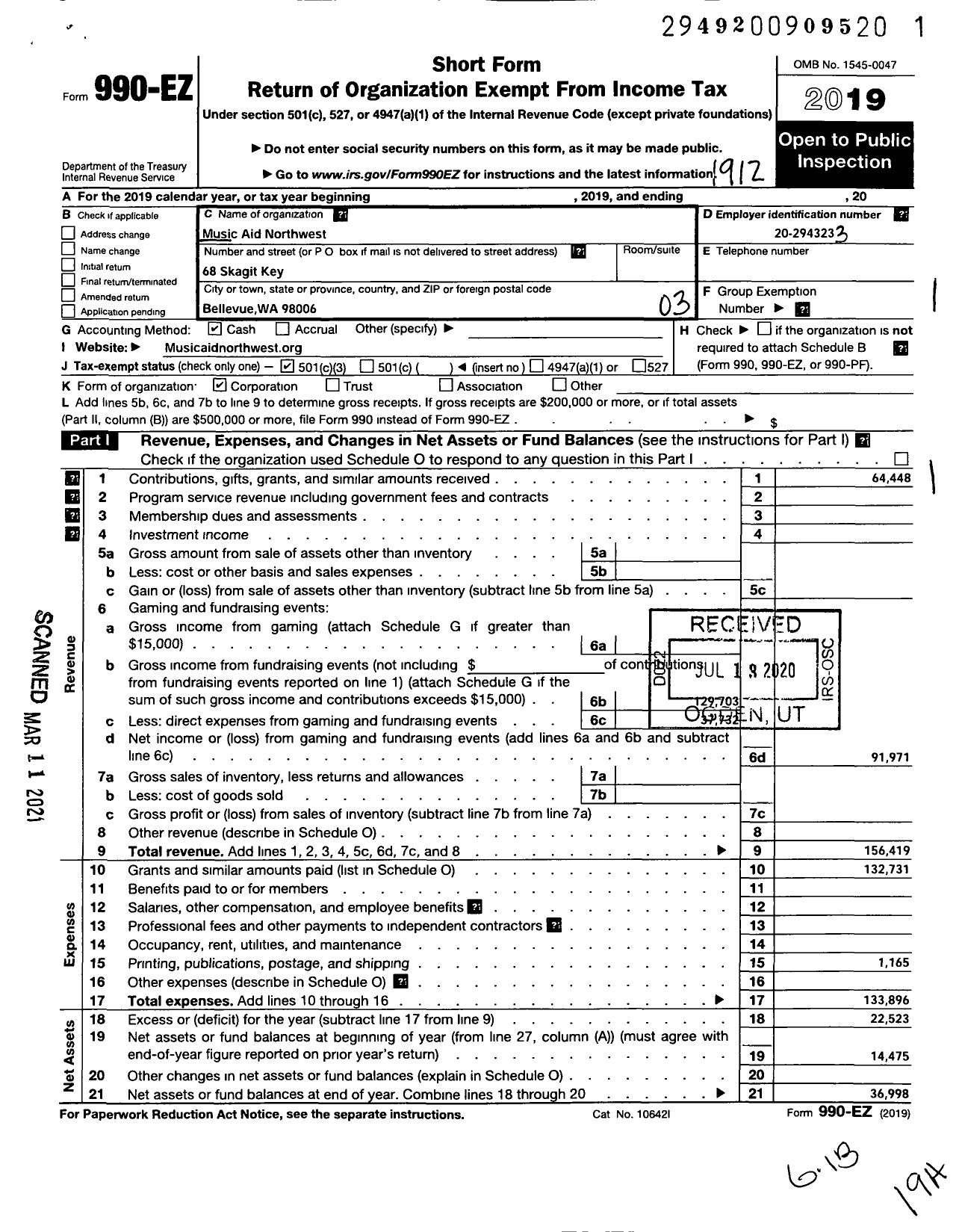 Image of first page of 2019 Form 990EZ for Music Aid Northwest