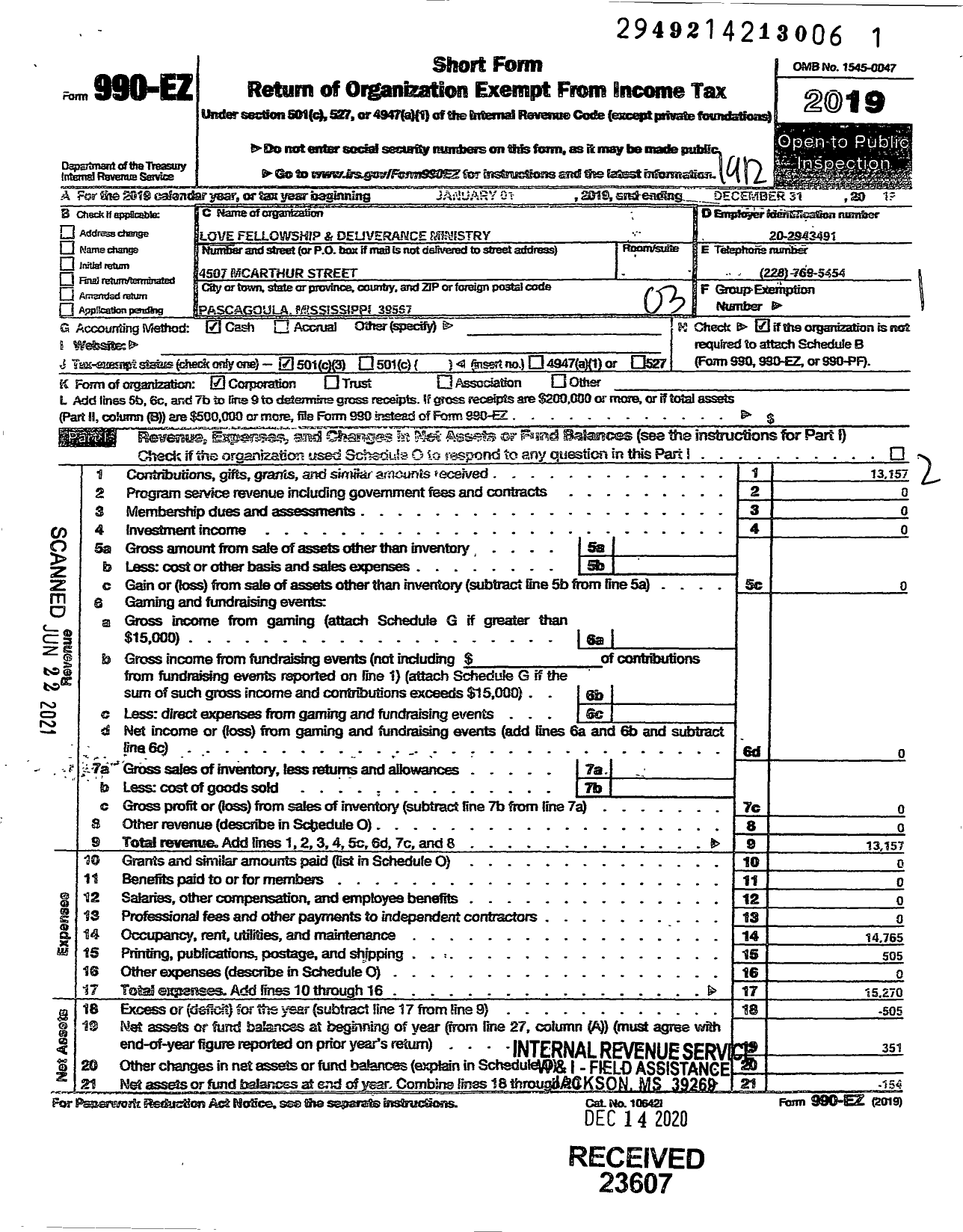 Image of first page of 2019 Form 990EZ for Love Fellowship and Deliverance Ministry