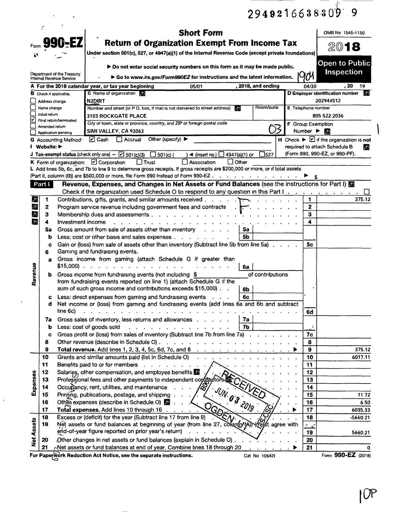 Image of first page of 2018 Form 990EZ for N2dirt