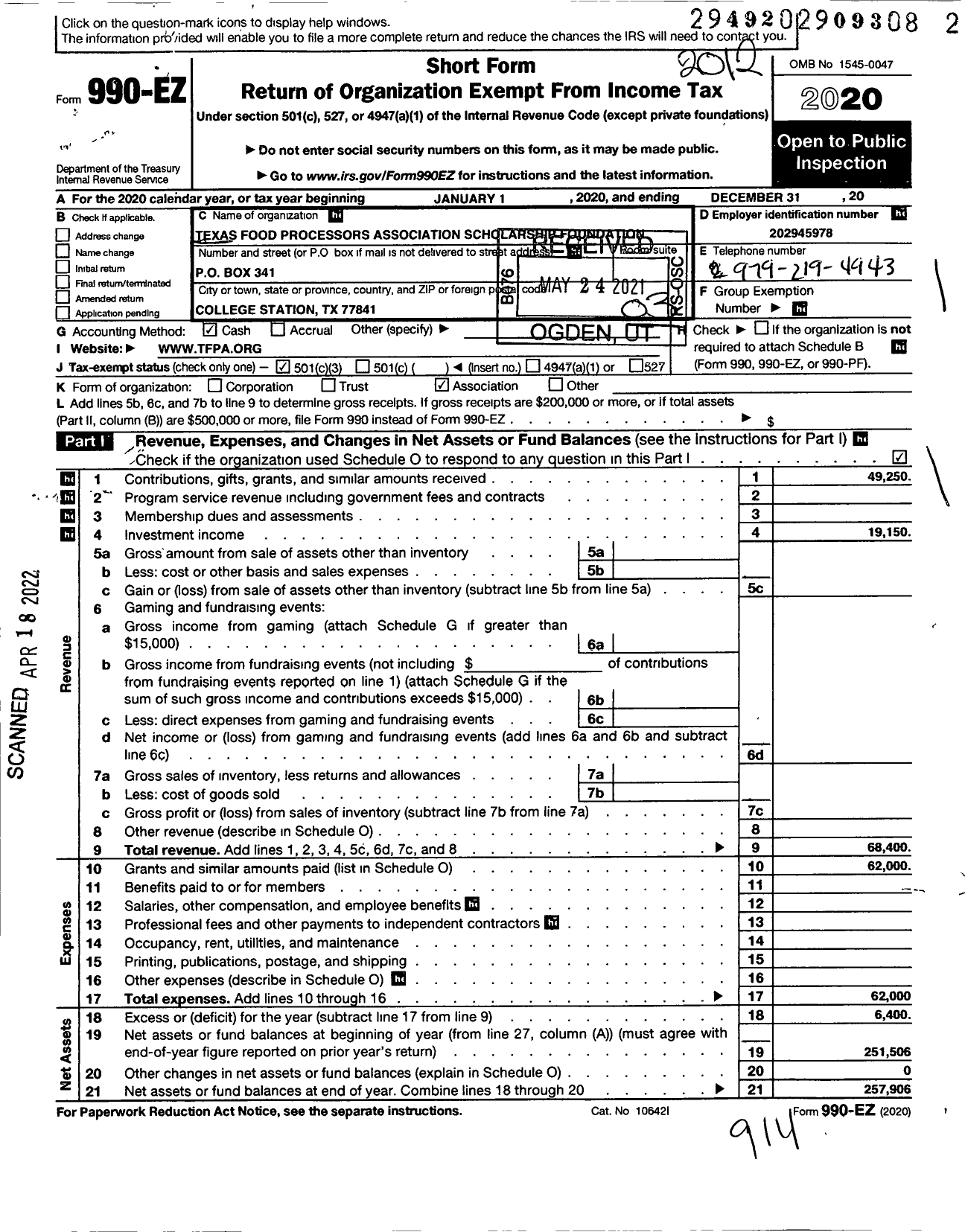 Image of first page of 2020 Form 990EZ for Texas Food Processors Association Scholarship Foundation