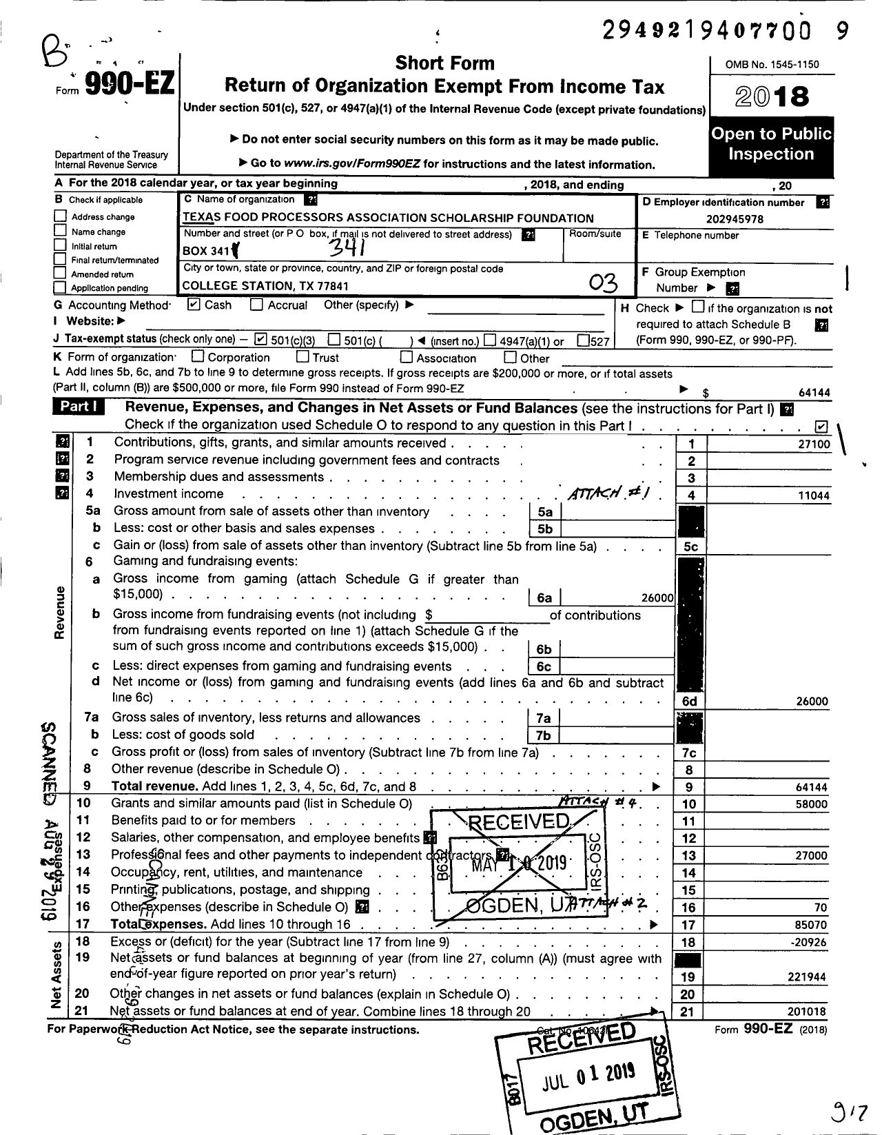 Image of first page of 2018 Form 990EZ for Texas Food Processors Association Scholarship Foundation