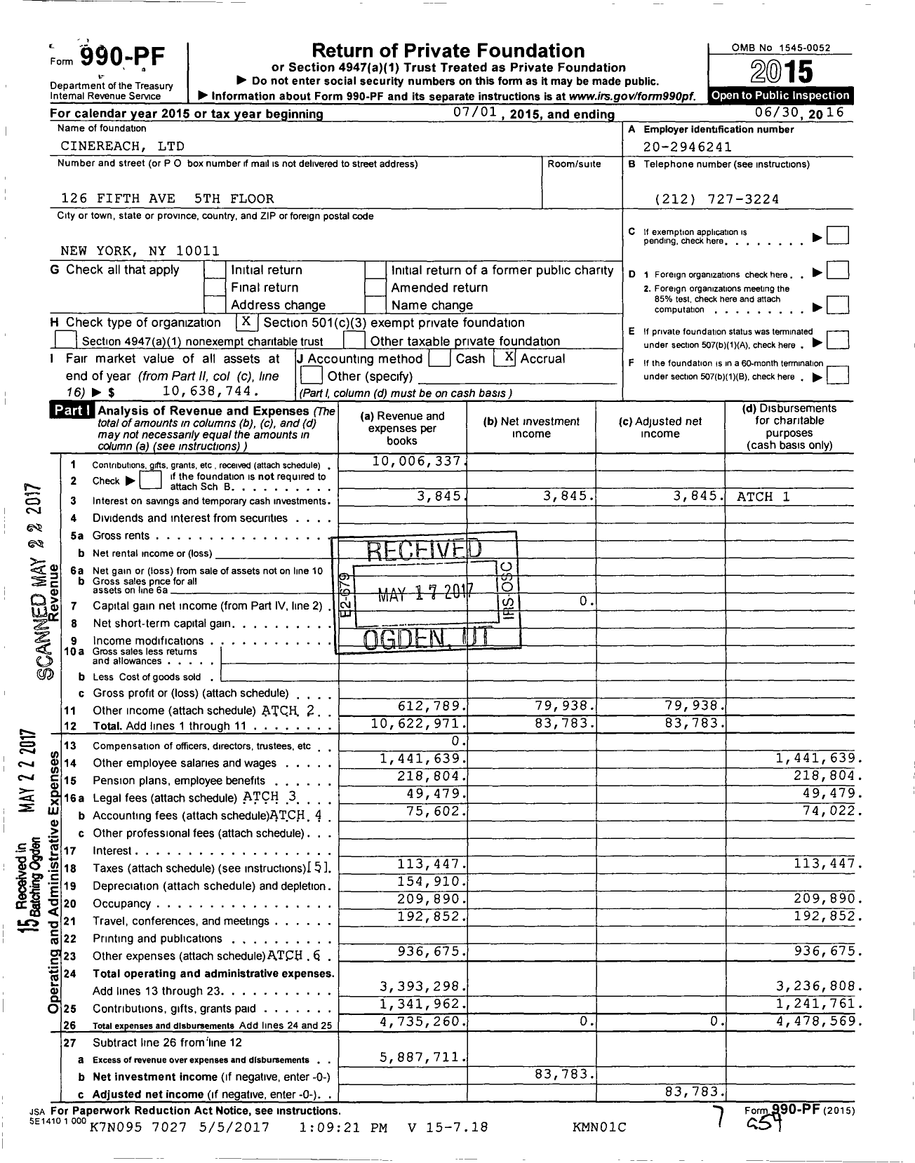 Image of first page of 2015 Form 990PF for Cinereach