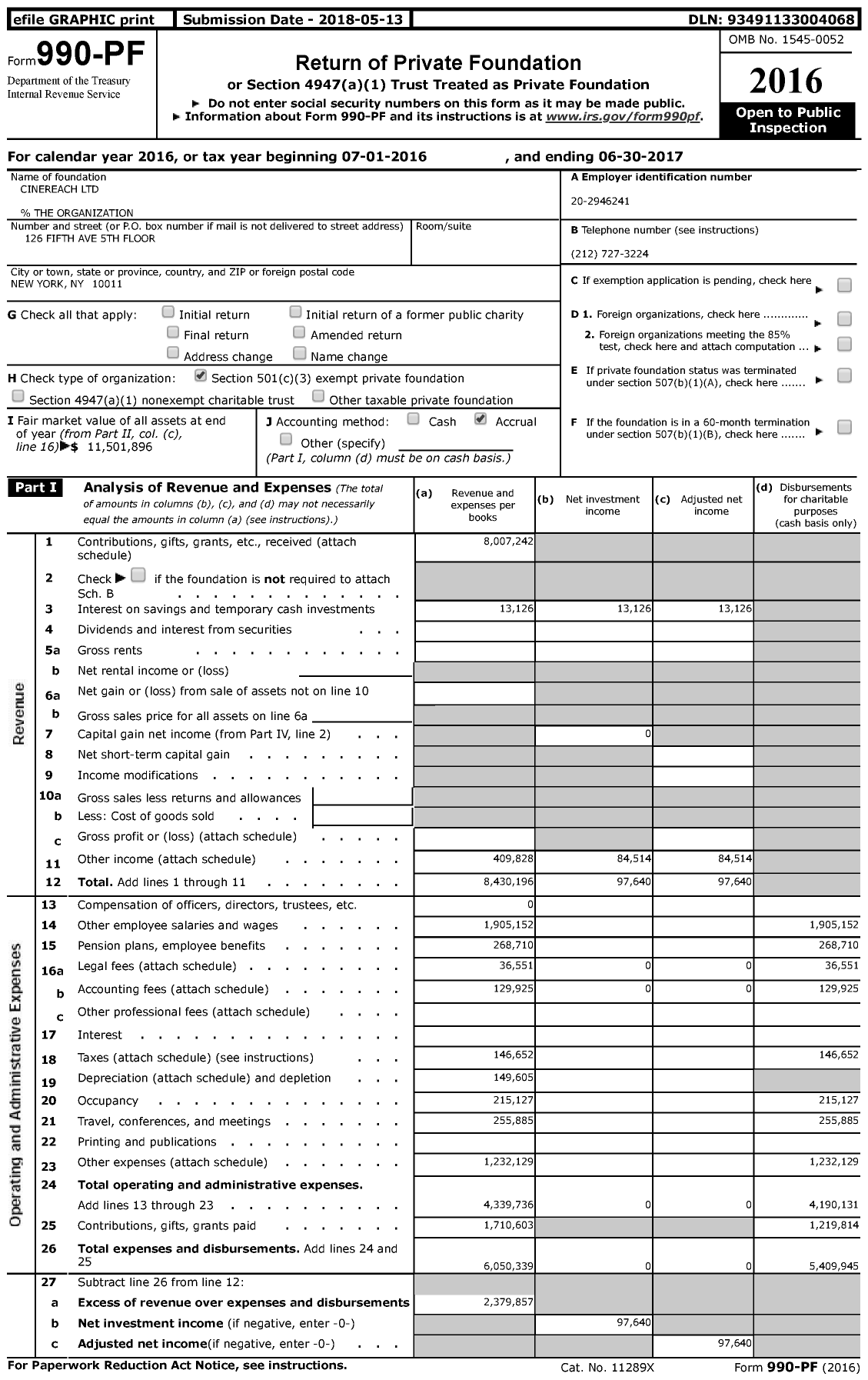 Image of first page of 2016 Form 990PF for Cinereach