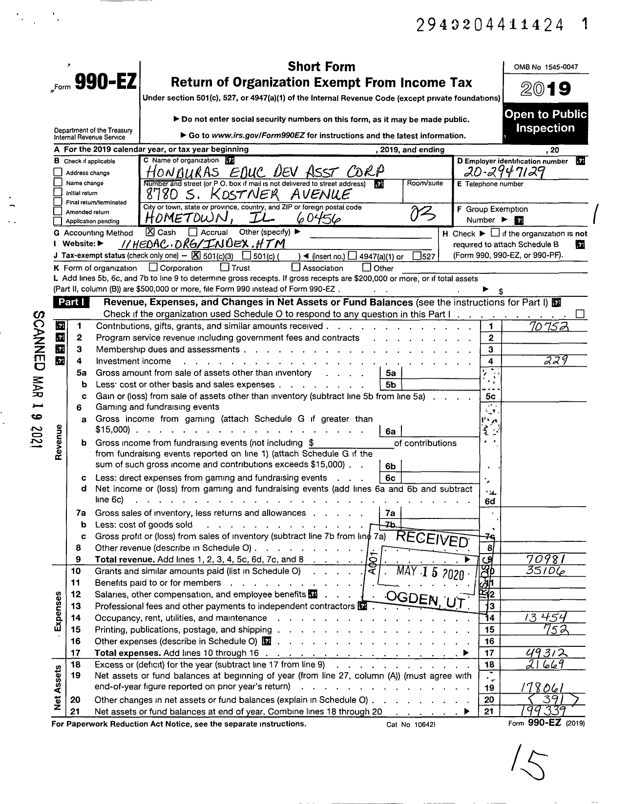 Image of first page of 2019 Form 990EZ for Honduras Education Development Asst Corporation