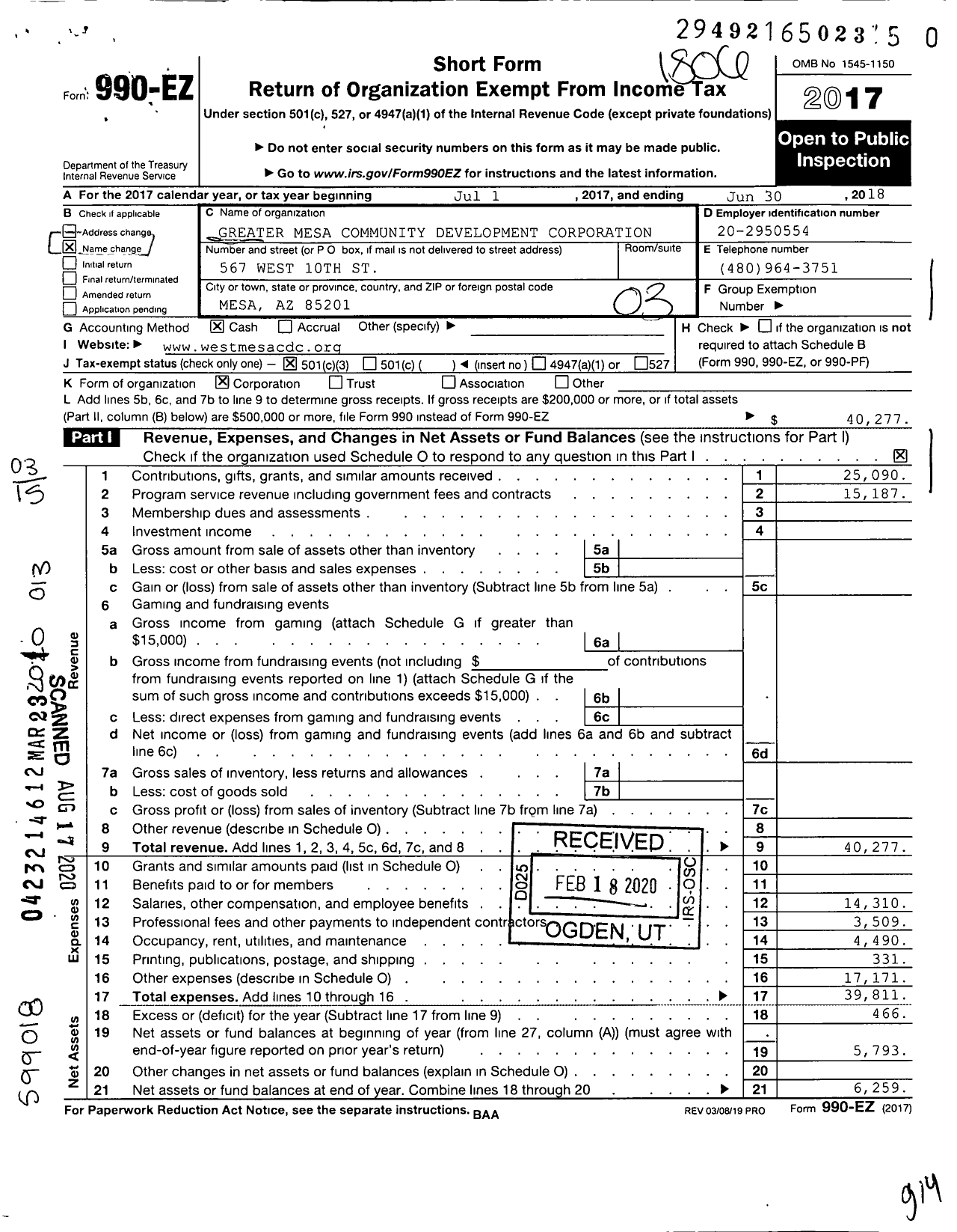 Image of first page of 2017 Form 990EZ for Greater Mesa Community Development Corporation