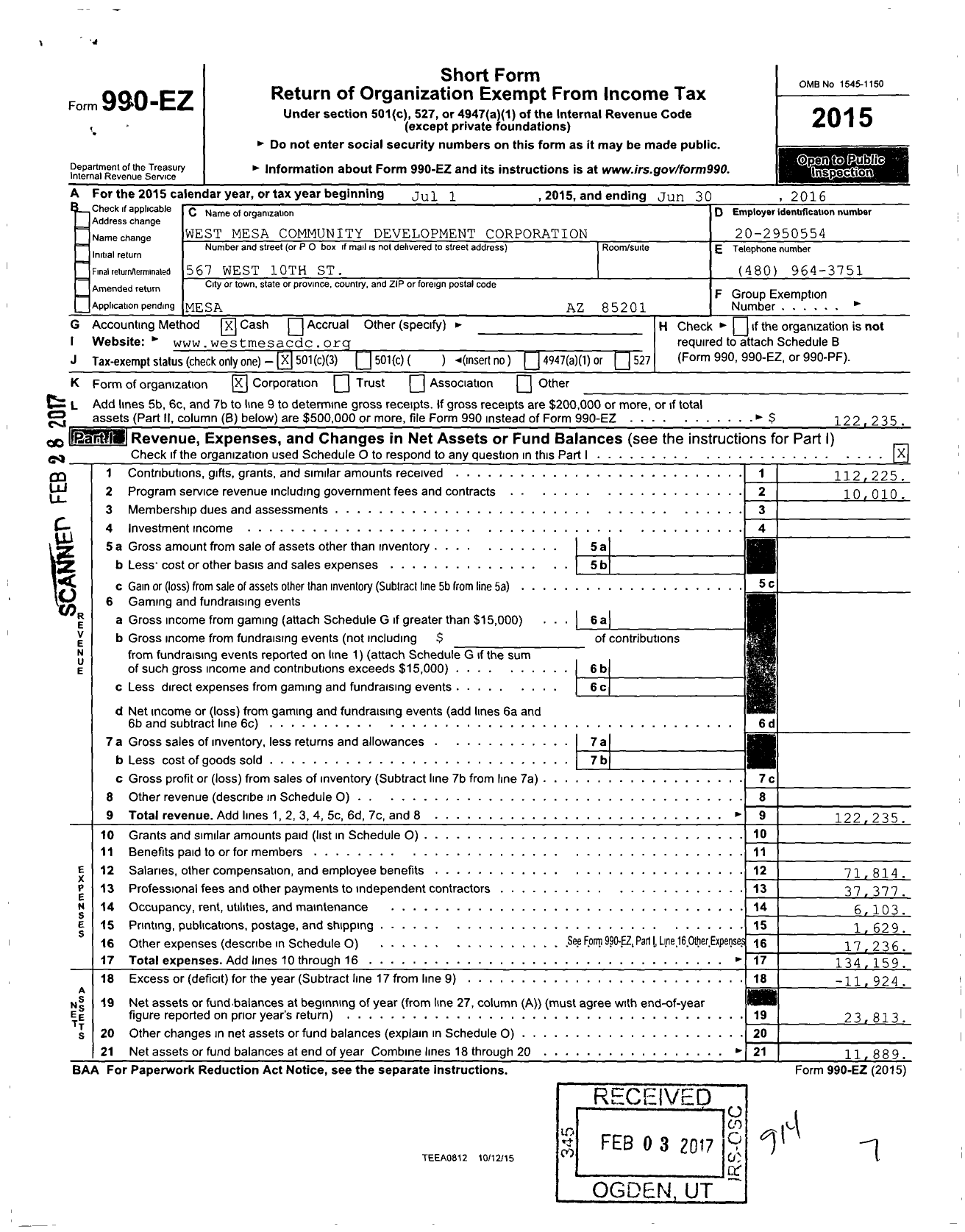 Image of first page of 2015 Form 990EZ for Greater Mesa Community Development Corporation