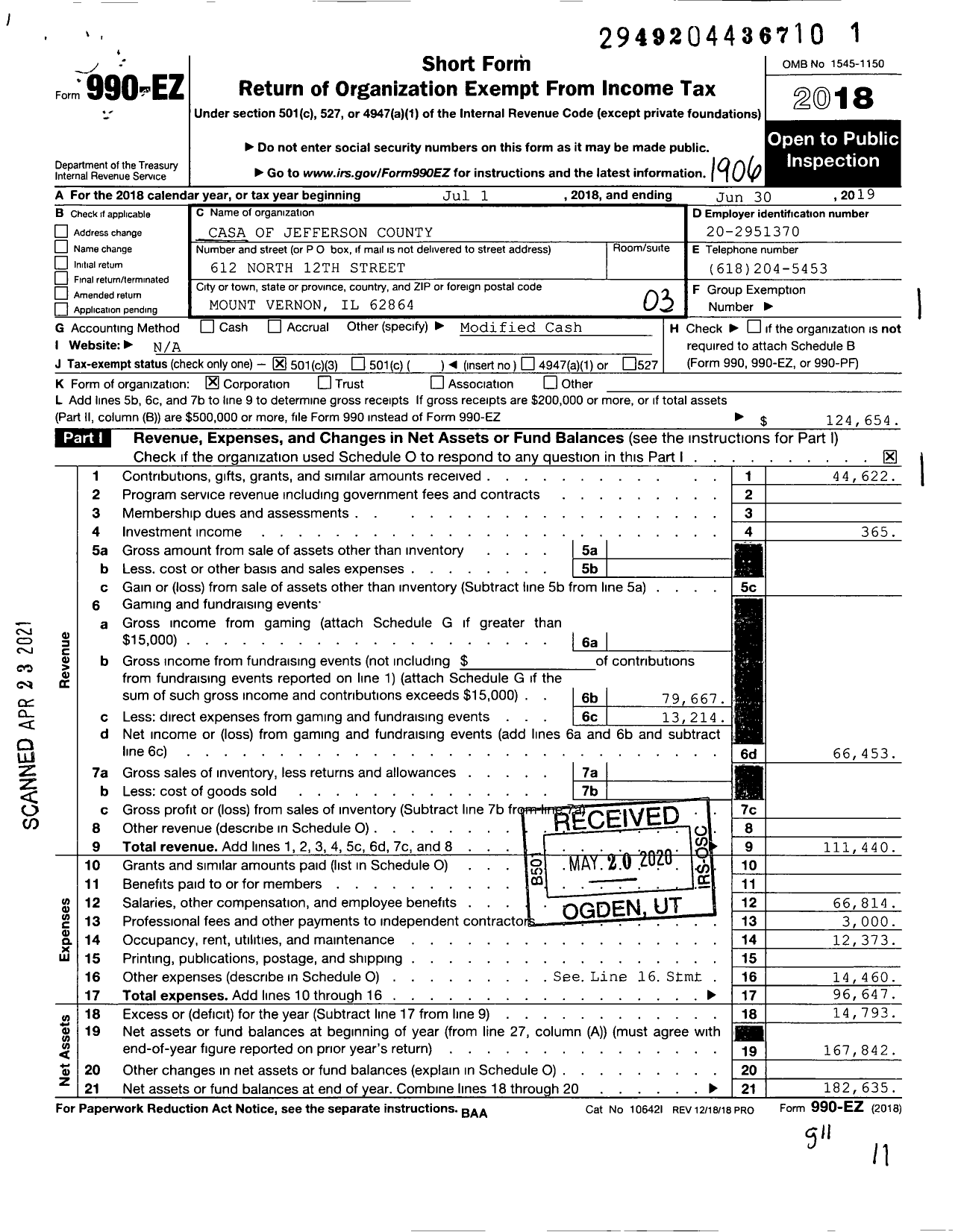 Image of first page of 2018 Form 990EZ for Casa of Jefferson County