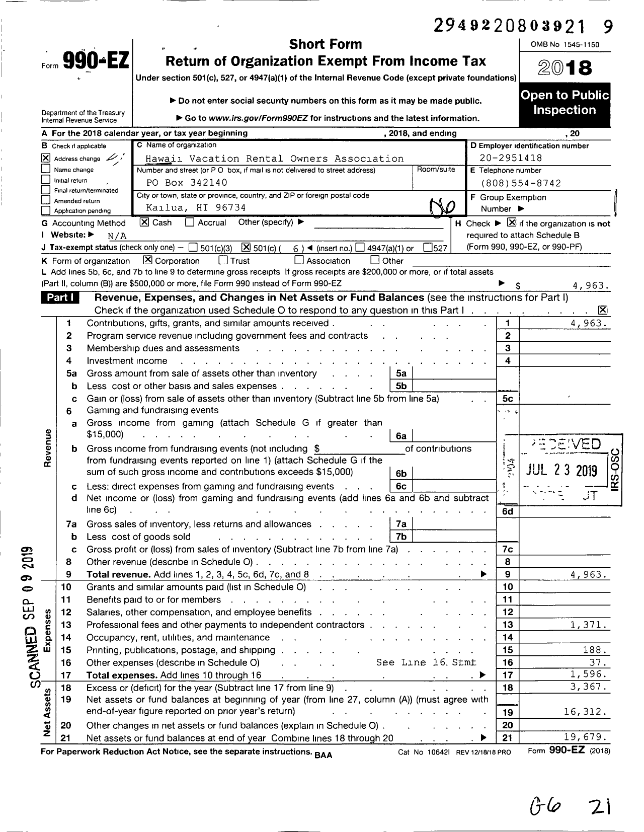 Image of first page of 2018 Form 990EO for Kokua Coalition Hawaii Vacation Rental Owners Association