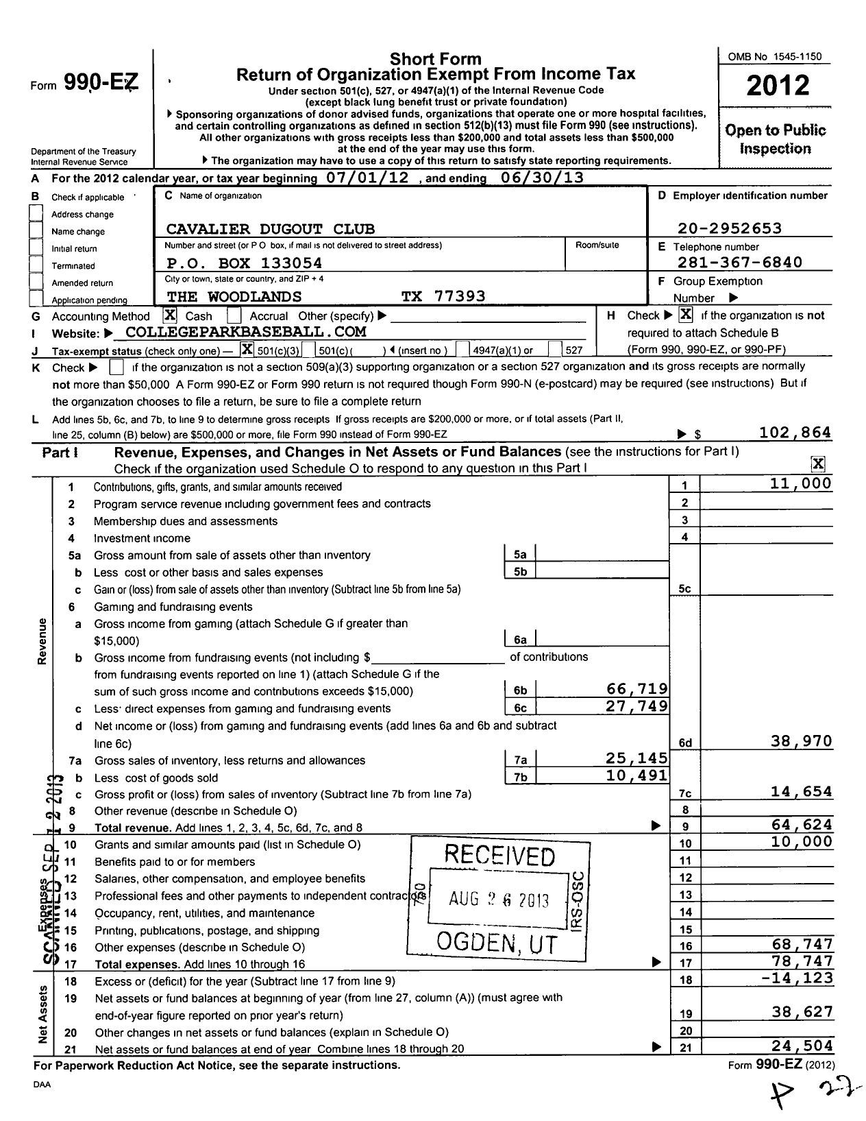 Image of first page of 2012 Form 990EZ for Cavalier Dugout Club