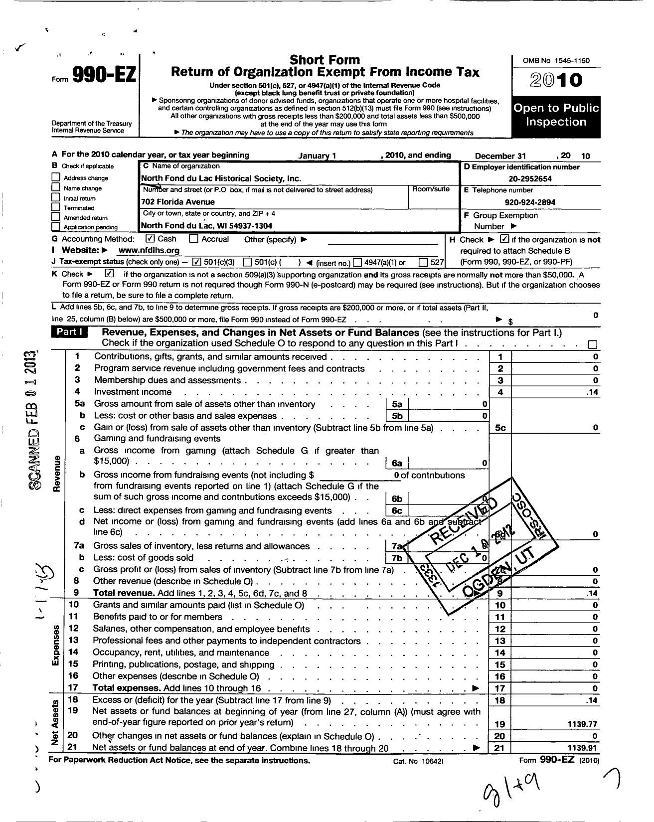 Image of first page of 2010 Form 990EZ for North Fond Du Lac Historical Society