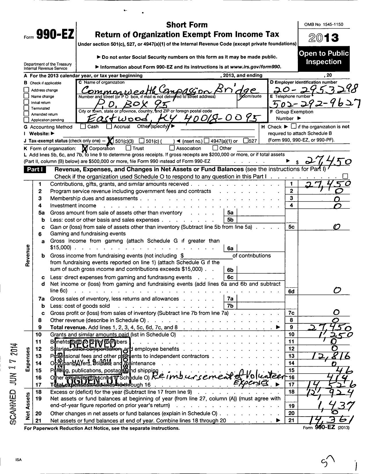 Image of first page of 2013 Form 990EZ for Commonwealth Compassion Bridge