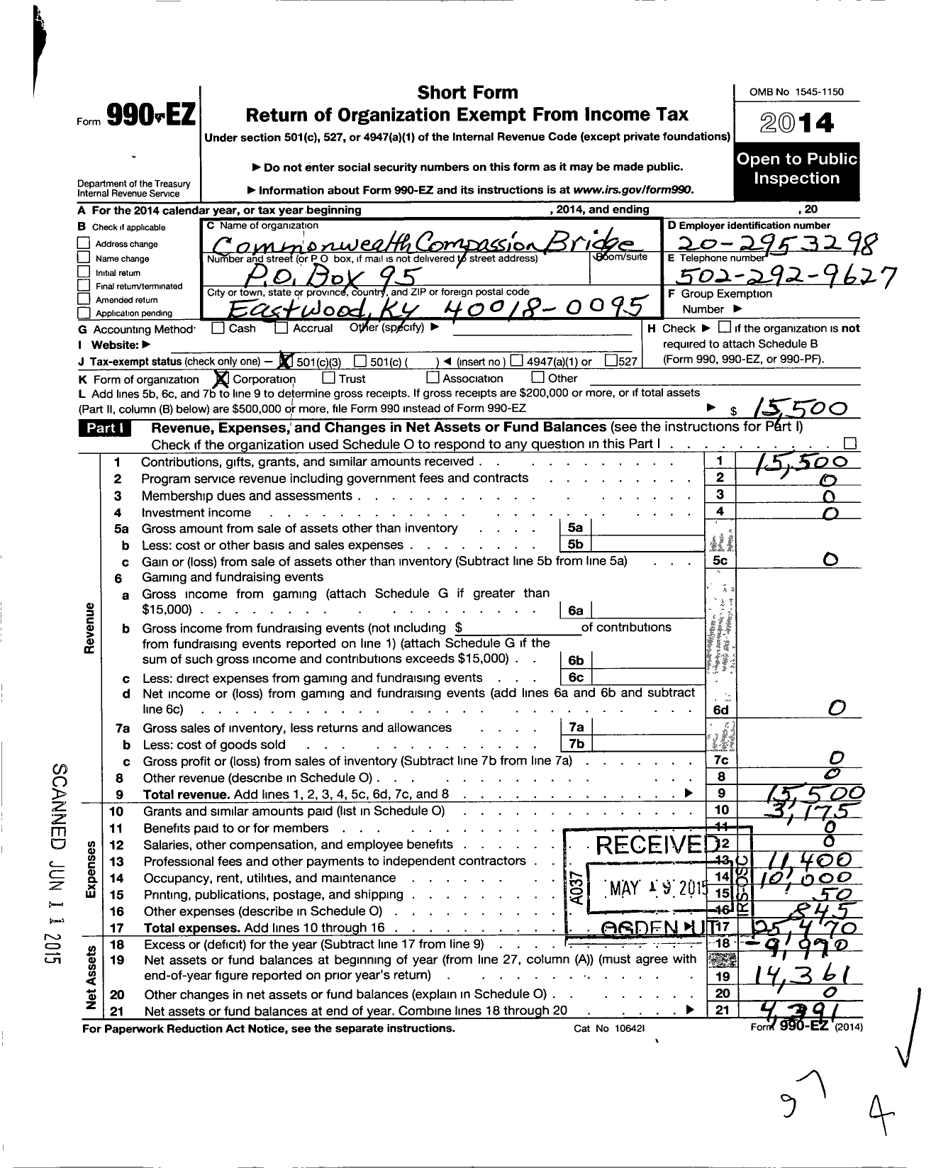 Image of first page of 2014 Form 990EZ for Commonwealth Compassion Bridge