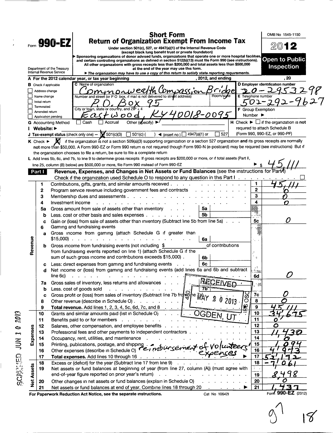 Image of first page of 2012 Form 990EZ for Commonwealth Compassion Bridge