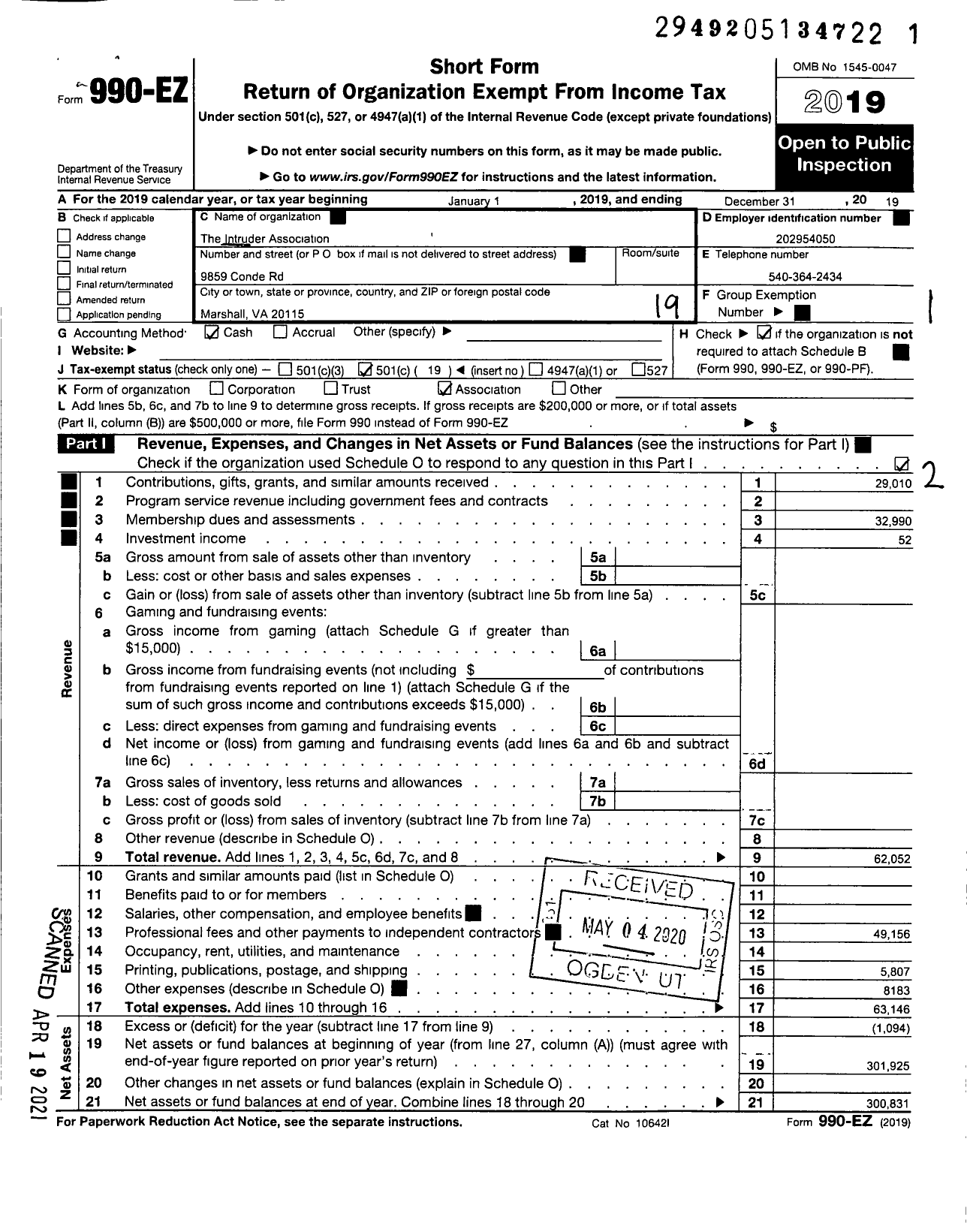 Image of first page of 2019 Form 990EO for The Intruder Association