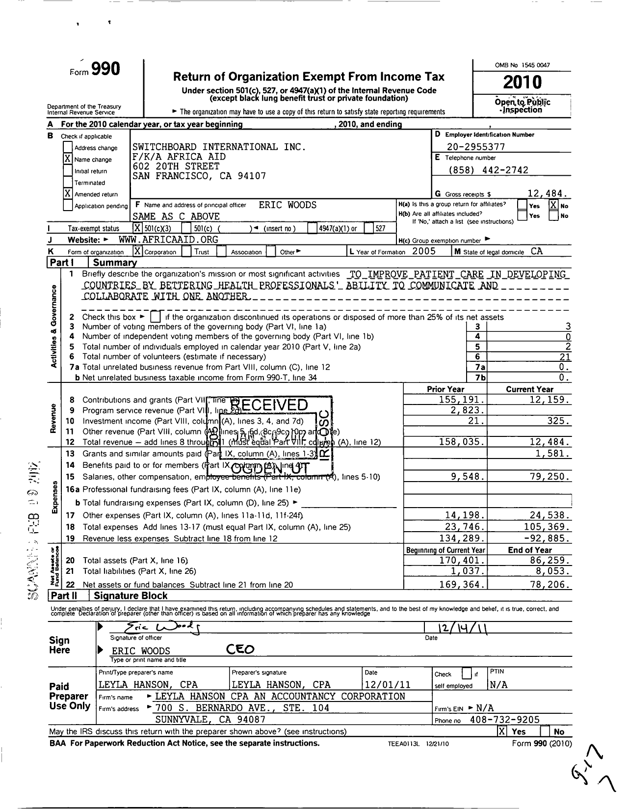 Image of first page of 2010 Form 990 for Switchboard International