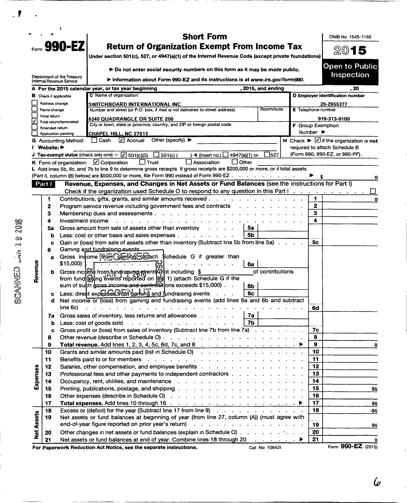 Image of first page of 2015 Form 990EZ for Switchboard International