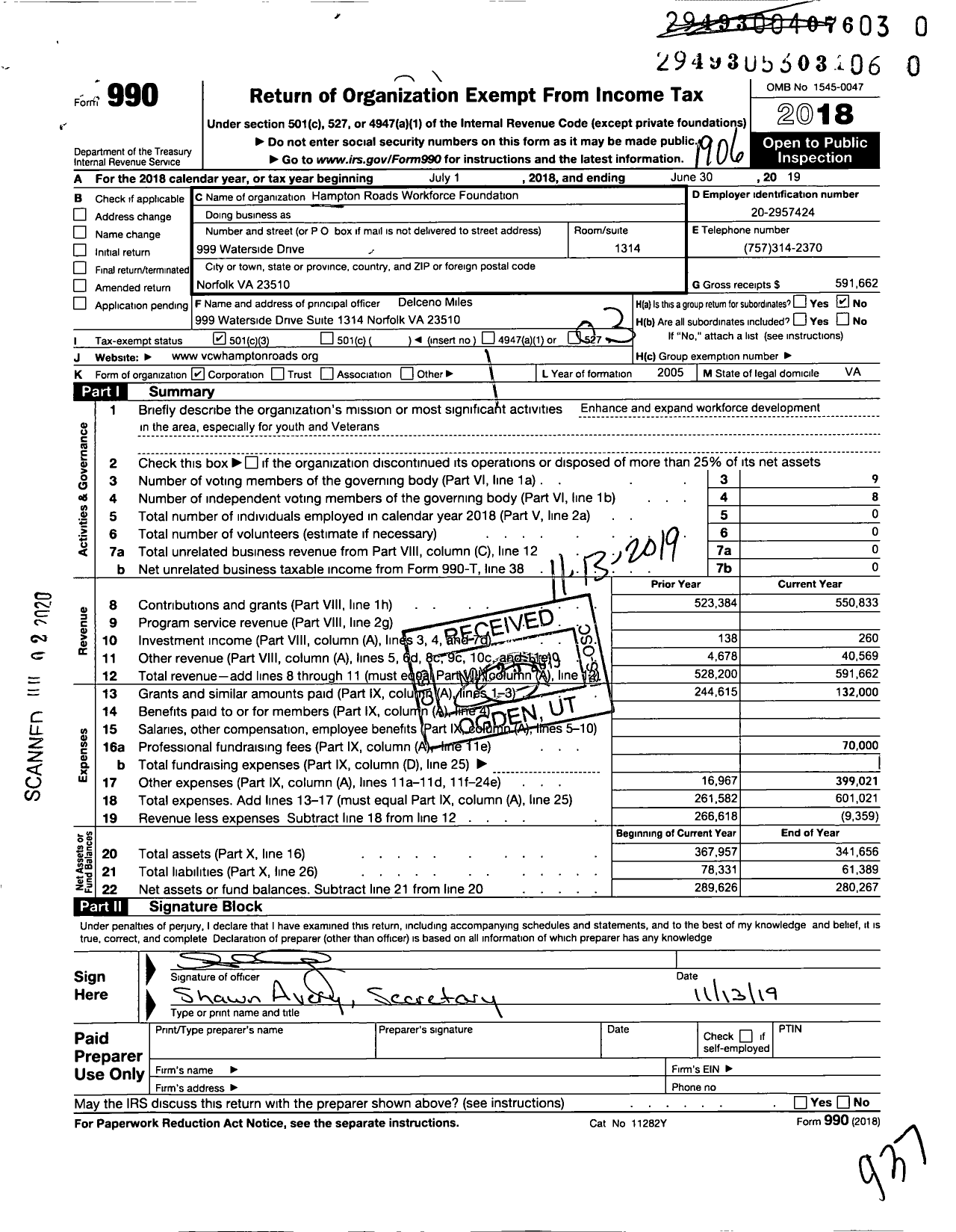 Image of first page of 2018 Form 990 for Hampton Roads Workforce Foundation