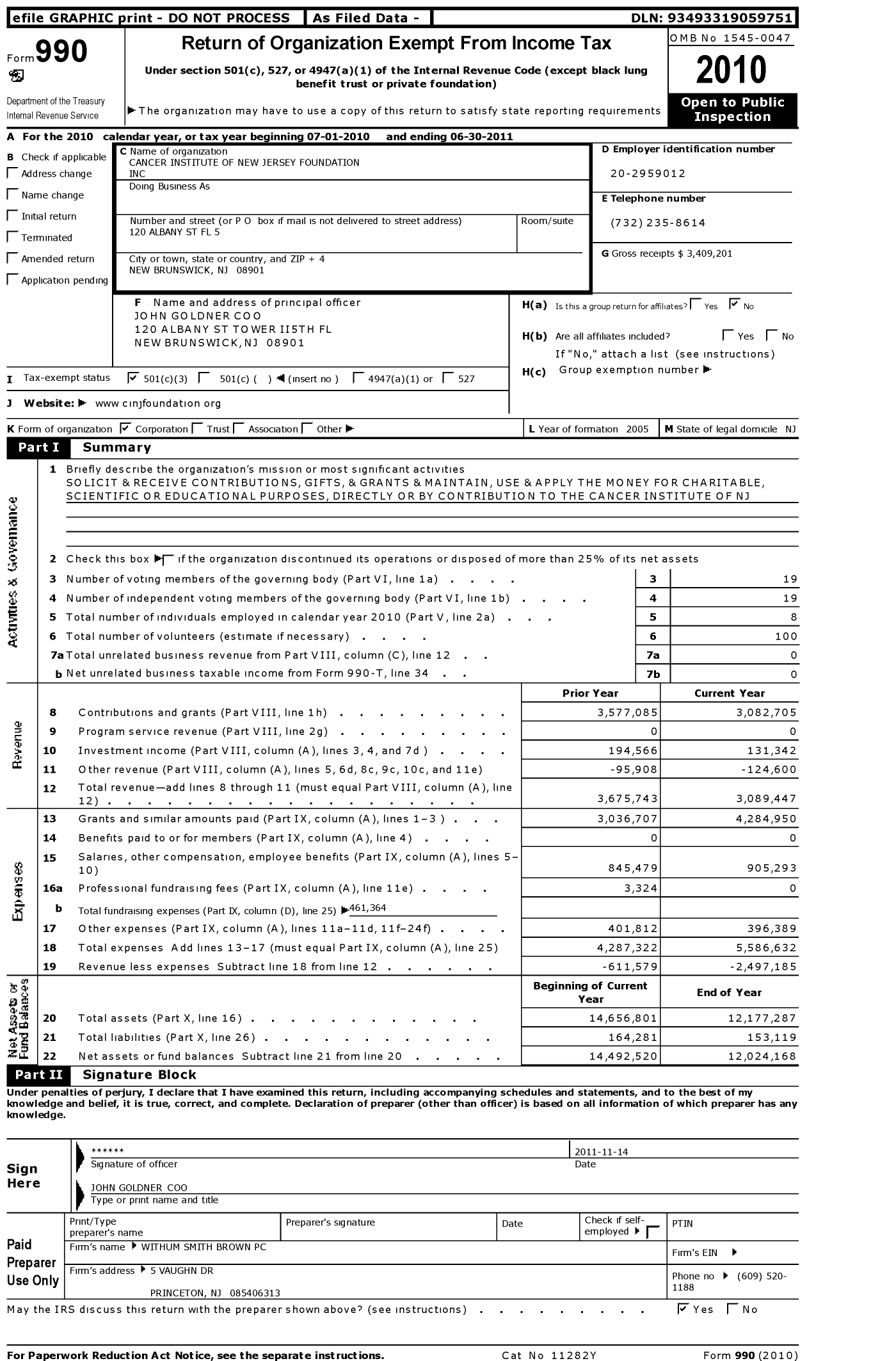 Image of first page of 2010 Form 990 for Cancer Institute of New Jersey Foundation