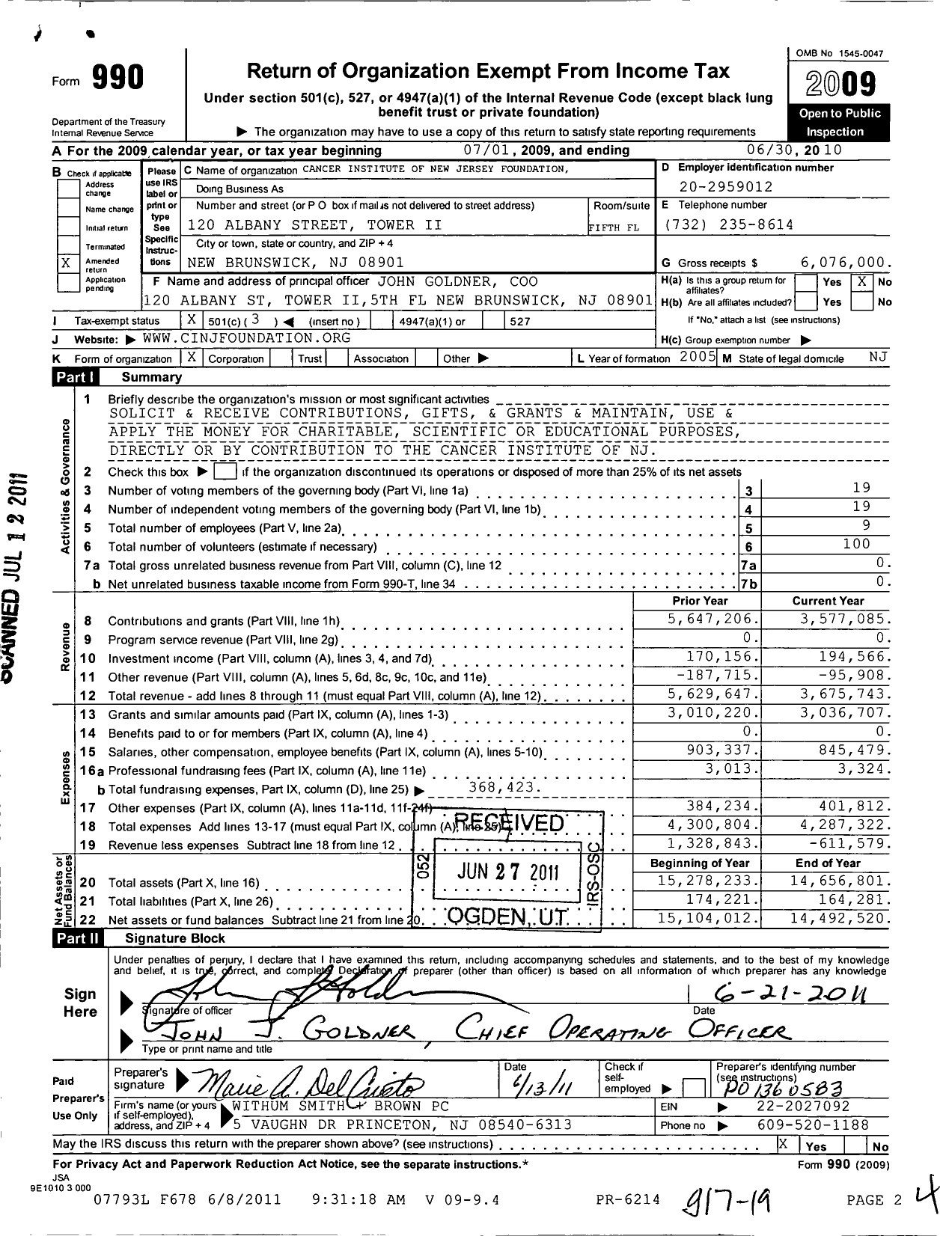 Image of first page of 2009 Form 990 for Cancer Institute of New Jersey Foundation