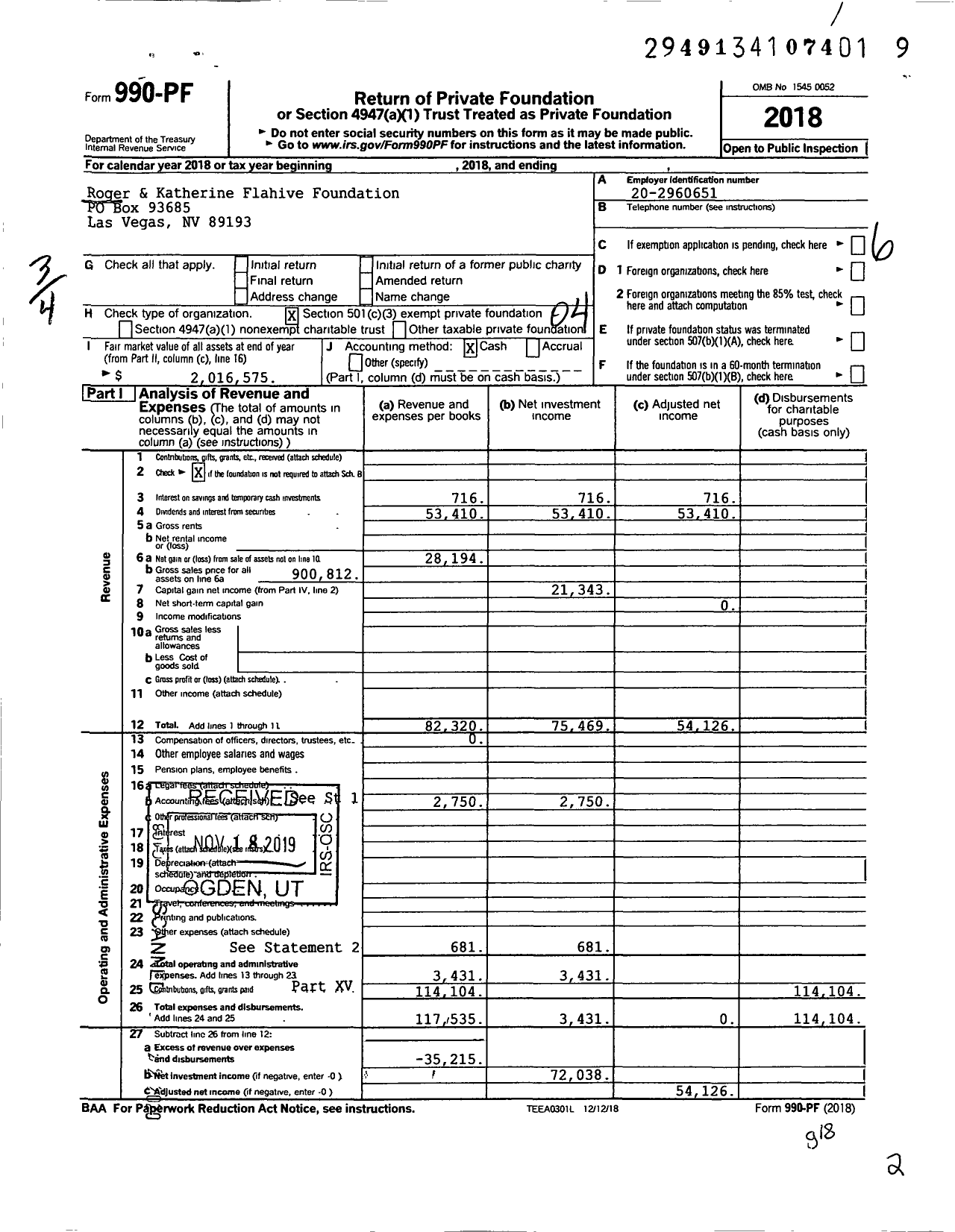 Image of first page of 2018 Form 990PF for Roger & Katherine Flahive Foundation