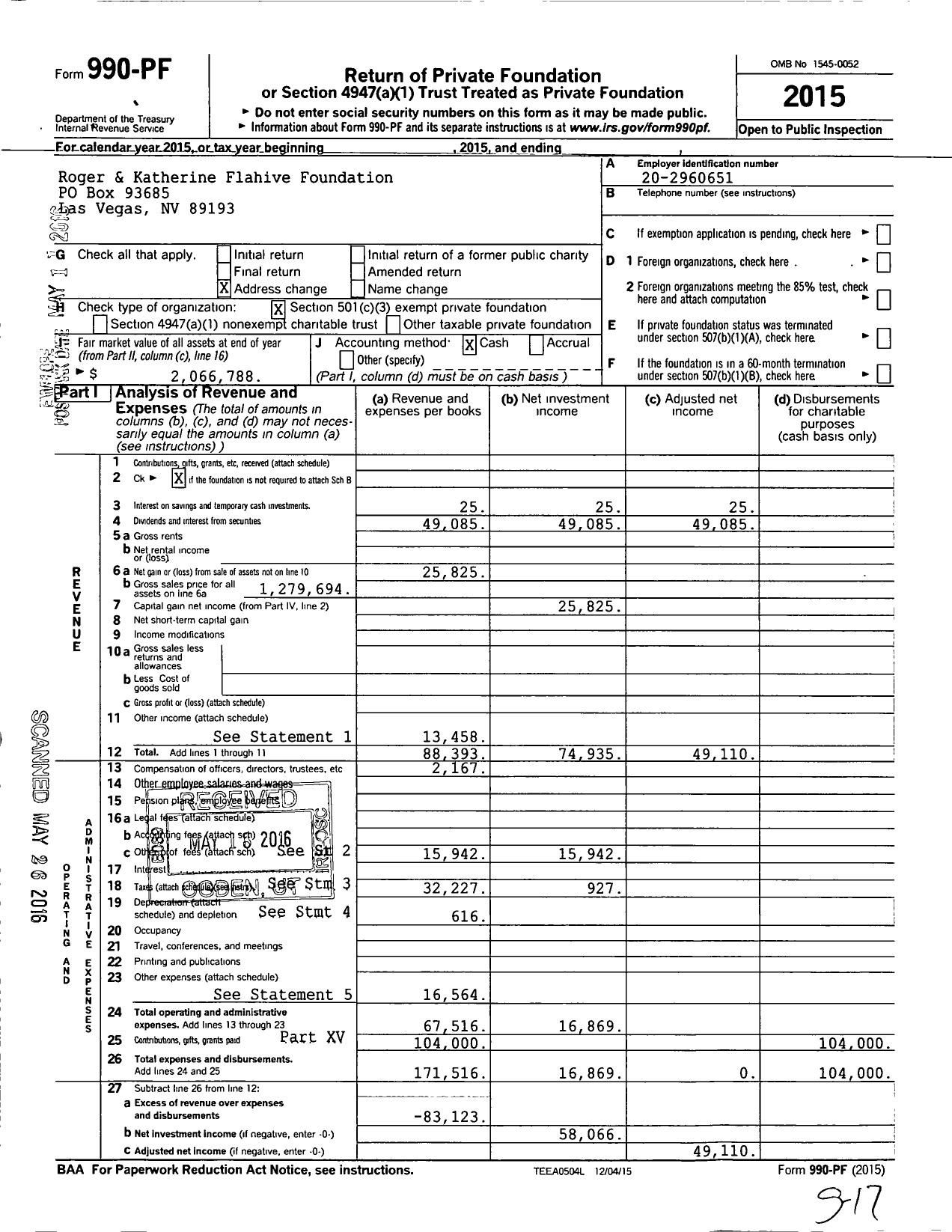 Image of first page of 2015 Form 990PF for Roger & Katherine Flahive Foundation