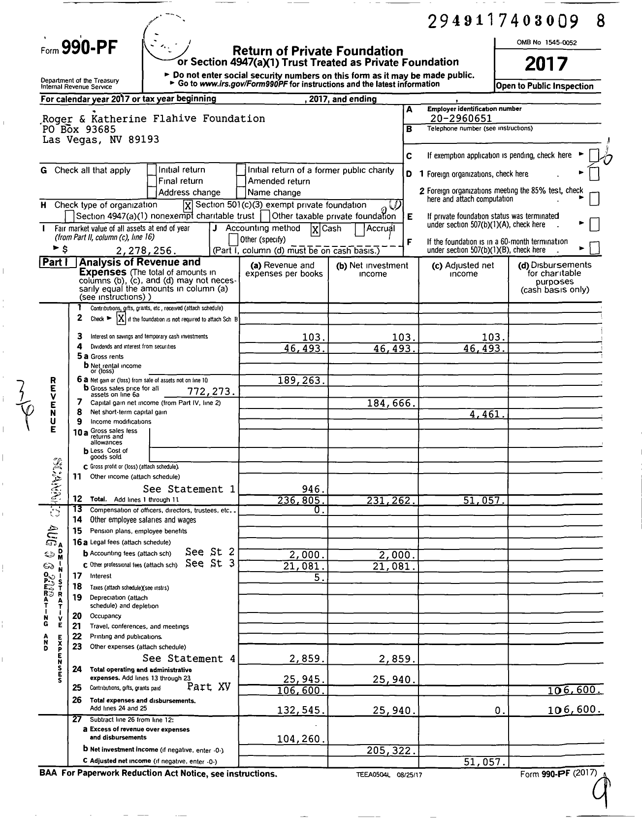 Image of first page of 2017 Form 990PF for Roger & Katherine Flahive Foundation