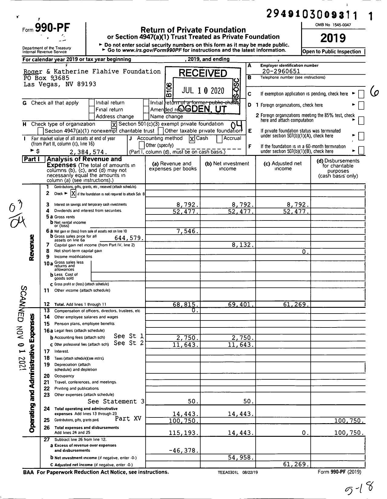 Image of first page of 2019 Form 990PF for Roger & Katherine Flahive Foundation