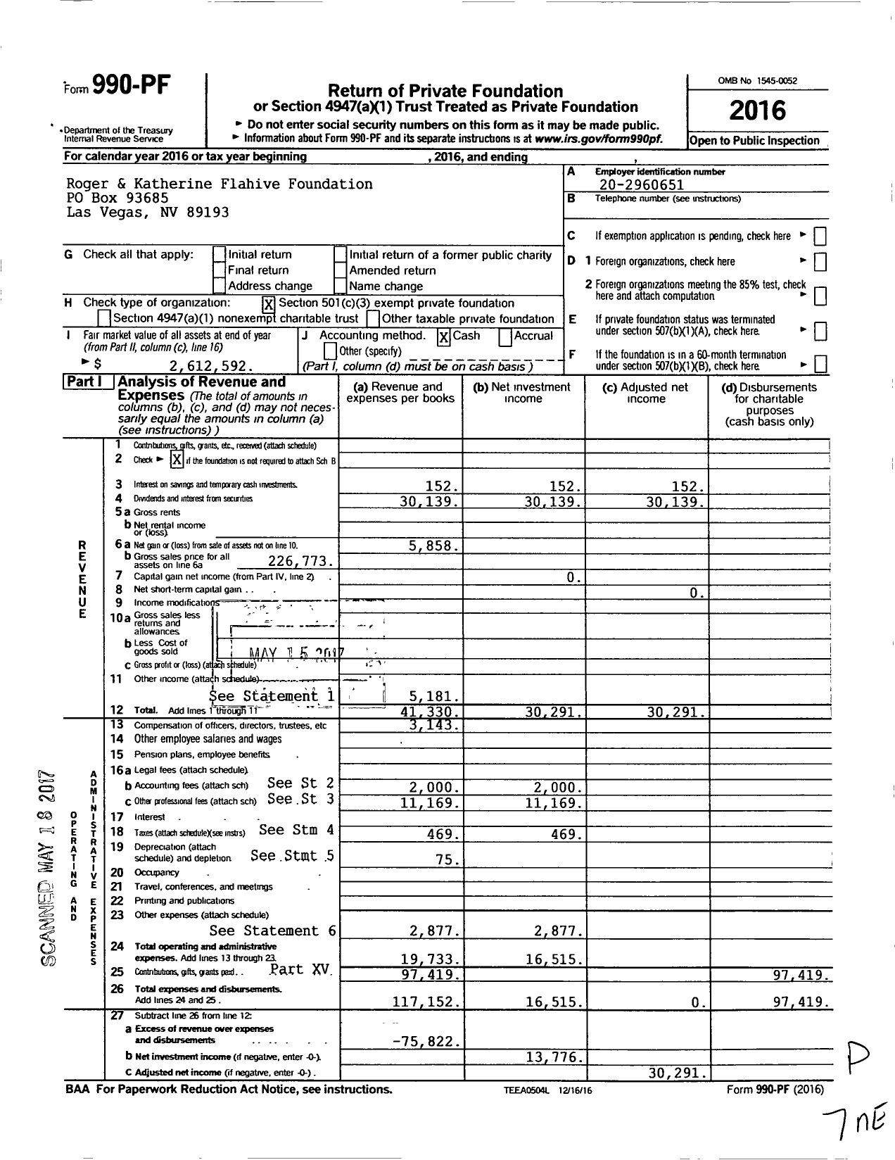 Image of first page of 2016 Form 990PF for Roger & Katherine Flahive Foundation