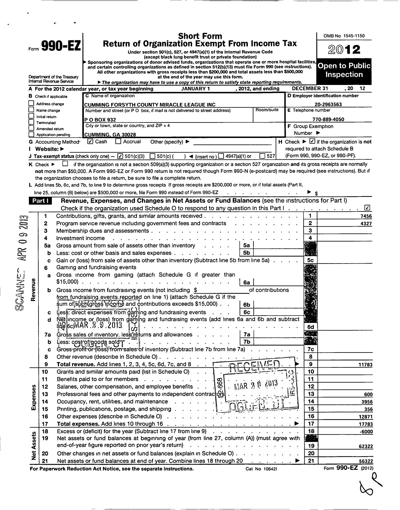 Image of first page of 2012 Form 990EZ for Cumming Forsyth County Miracle League